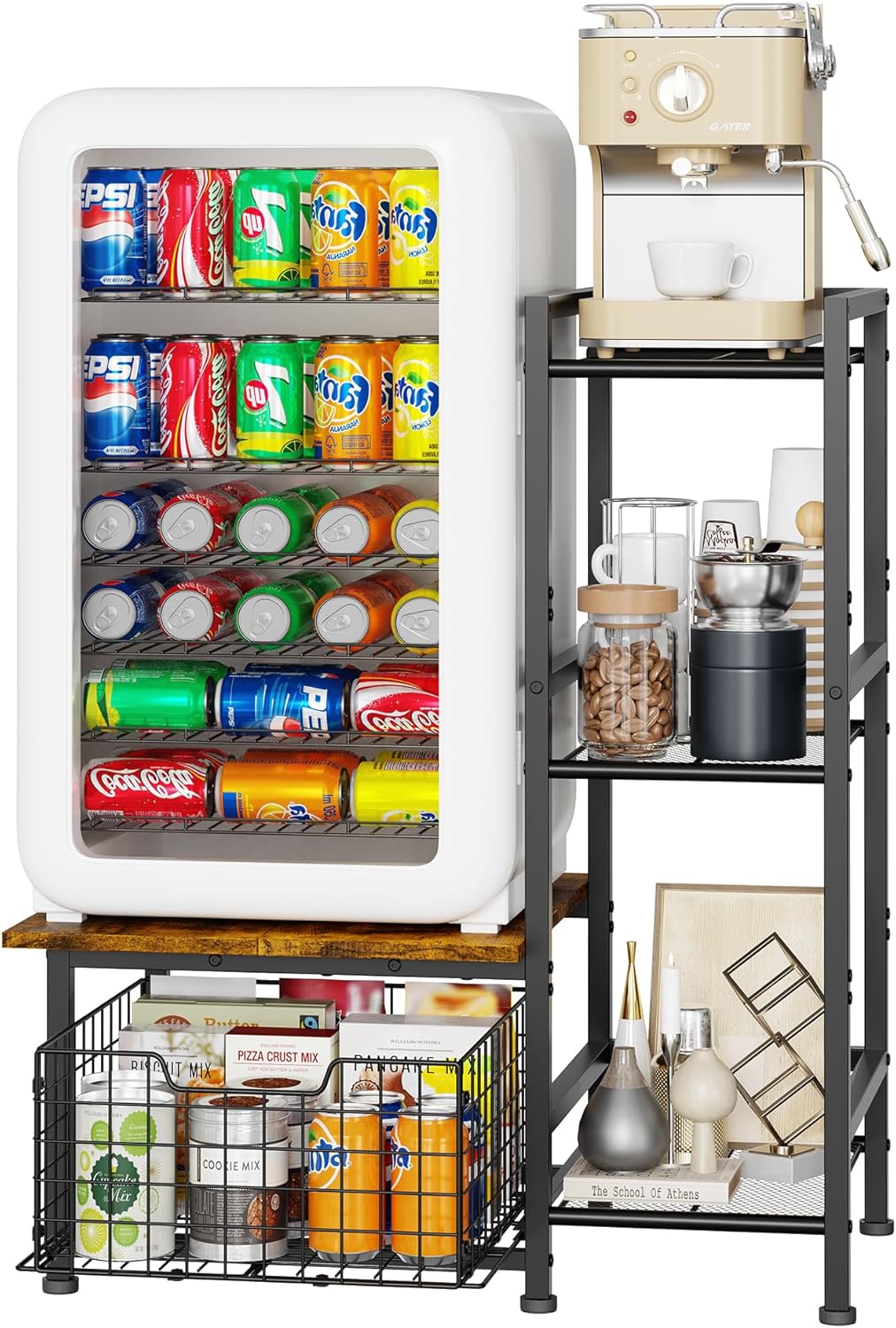 Mini Fridge Stand with Storage, Coffee Bar with Mini Fridge Space, Small Refrigerator Stand, Wine Cabinet, Kitchen Storage with Basket for Dorm, Apartment, Living Room, Office