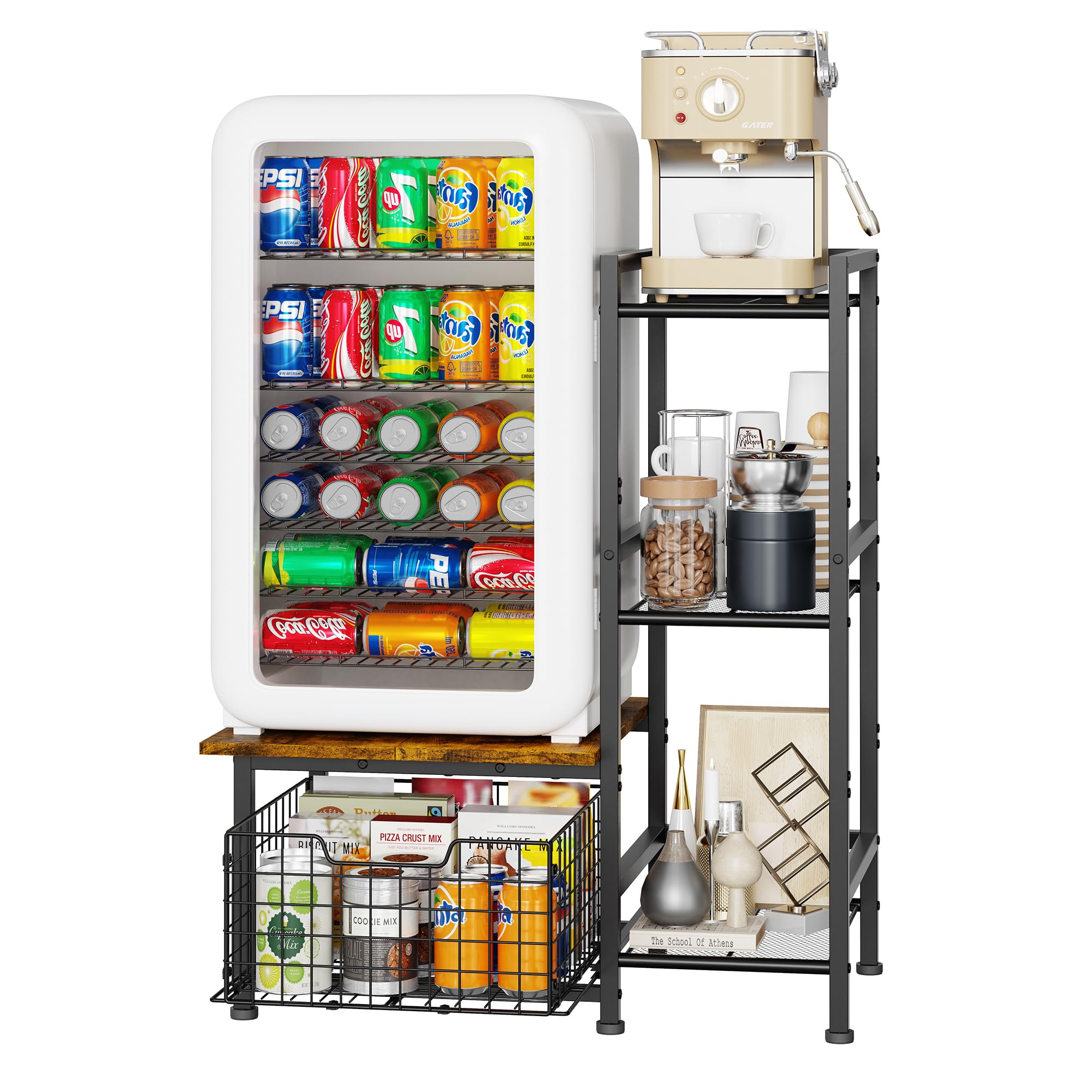 Mini Fridge Stand with Storage, Microwave and Small Refrigerator Stand, Coffee Bar, Kitchen Storage with Pull-Out Basket for Dorm, Apartment, Living Room, Office