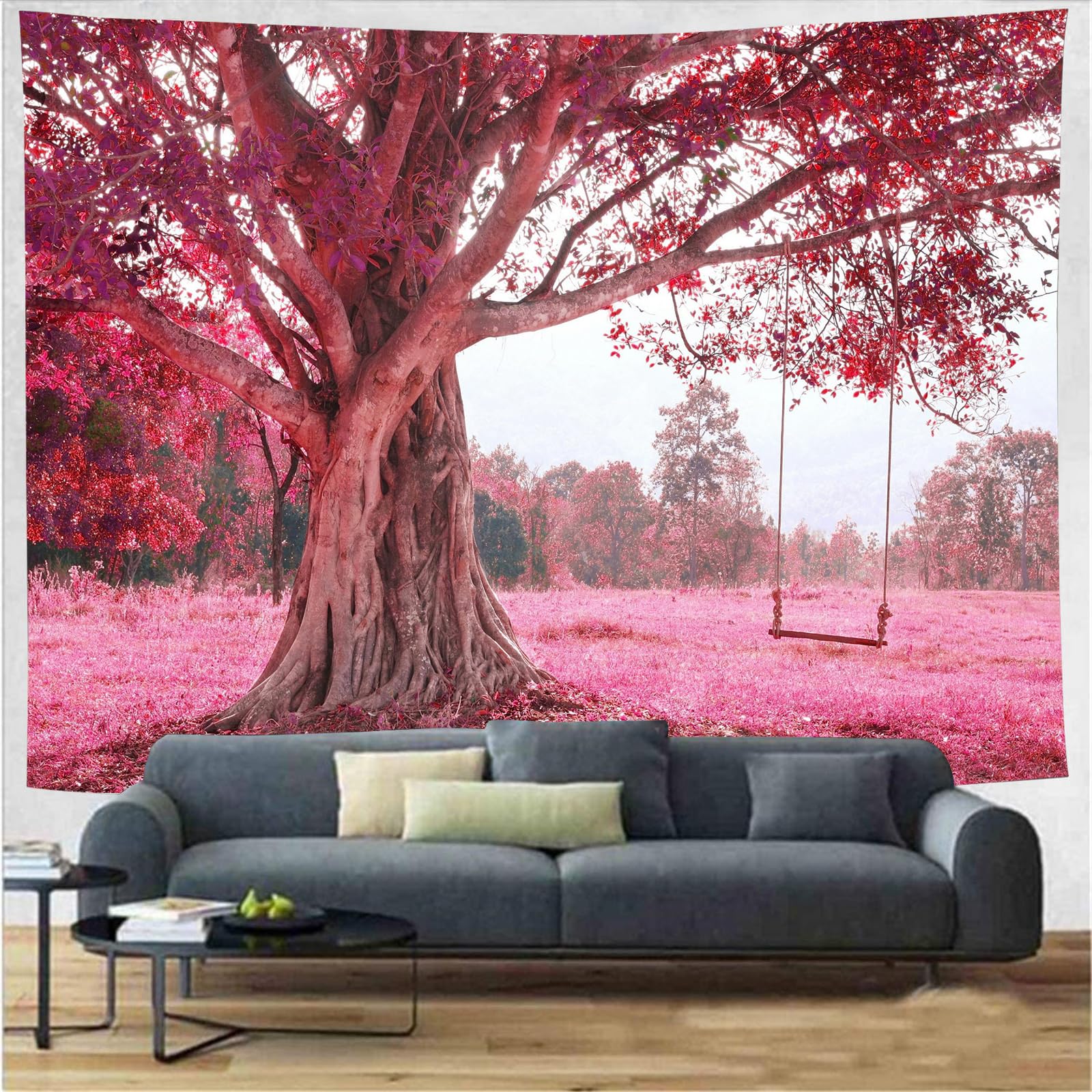 FENDROM Autumn Pink Flower Tapestry Window View Wall Hanging - Image 4