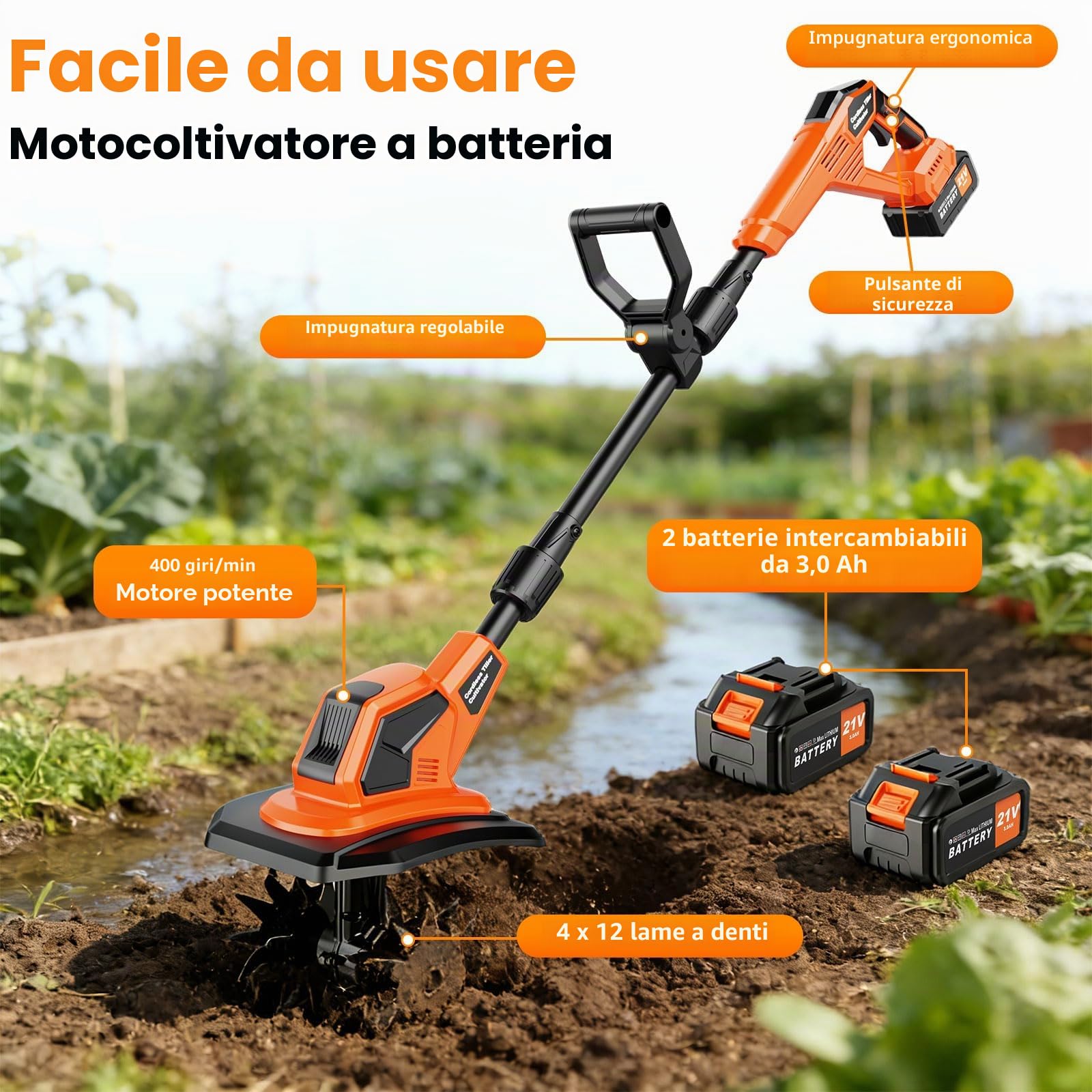 Motozappa elettrica da 21 V, con 2 batterie da 3,0 Ah e caricabatterie, larghezza di lavoro 23 cm, profondità 17 cm, Velocità 400 rpm, Motozappa per Orto Elettrozappa, Motozappa per terreni