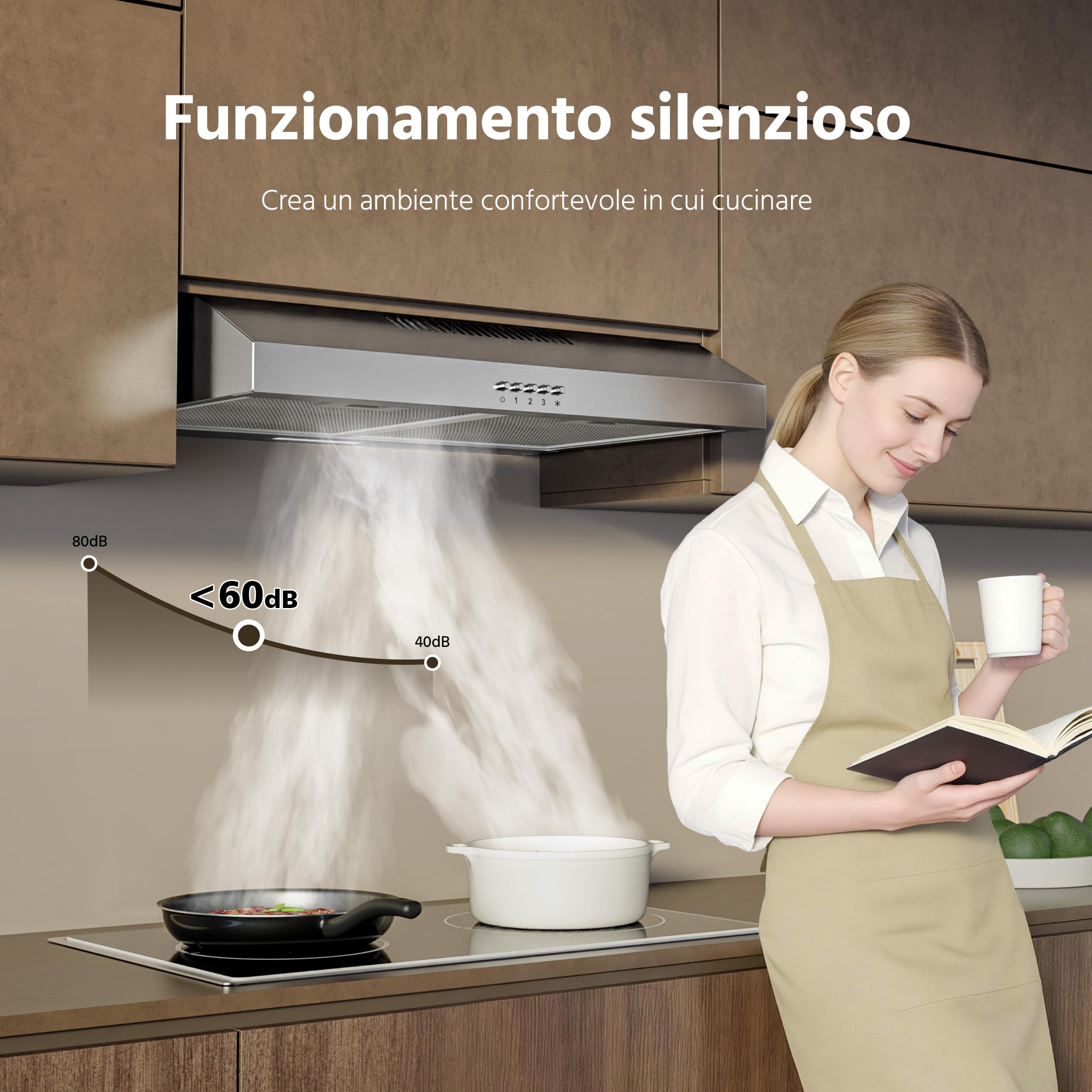 FIREGAS Cappa Aspirante 60 cm in Acciaio Inox, Classe A++ con Motore Brushless, Scarico Superiore o Posteriore, Cappa Cucina con 2 Filtri a Carbone Inclusi, Modalità Ricircolo o Aspirante