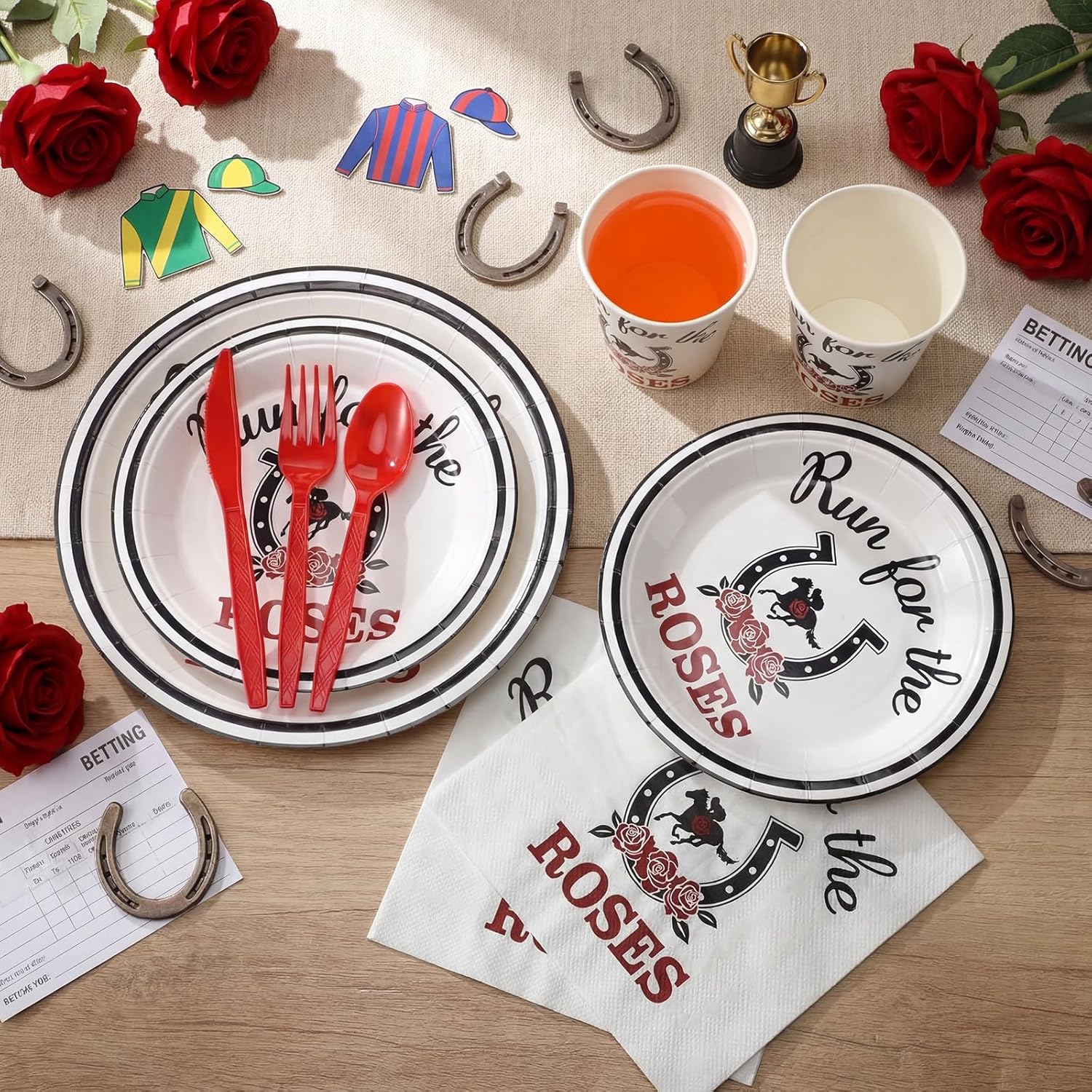 Reallnaive 200 Pcs Derby Party Supplies Set for 25 Guests Run for The Roses Tableware Include 50 Disposable Plates 50 Napkins 25 Cups Knives Forks and Spoons for Horse Racing Theme Party Decoration
