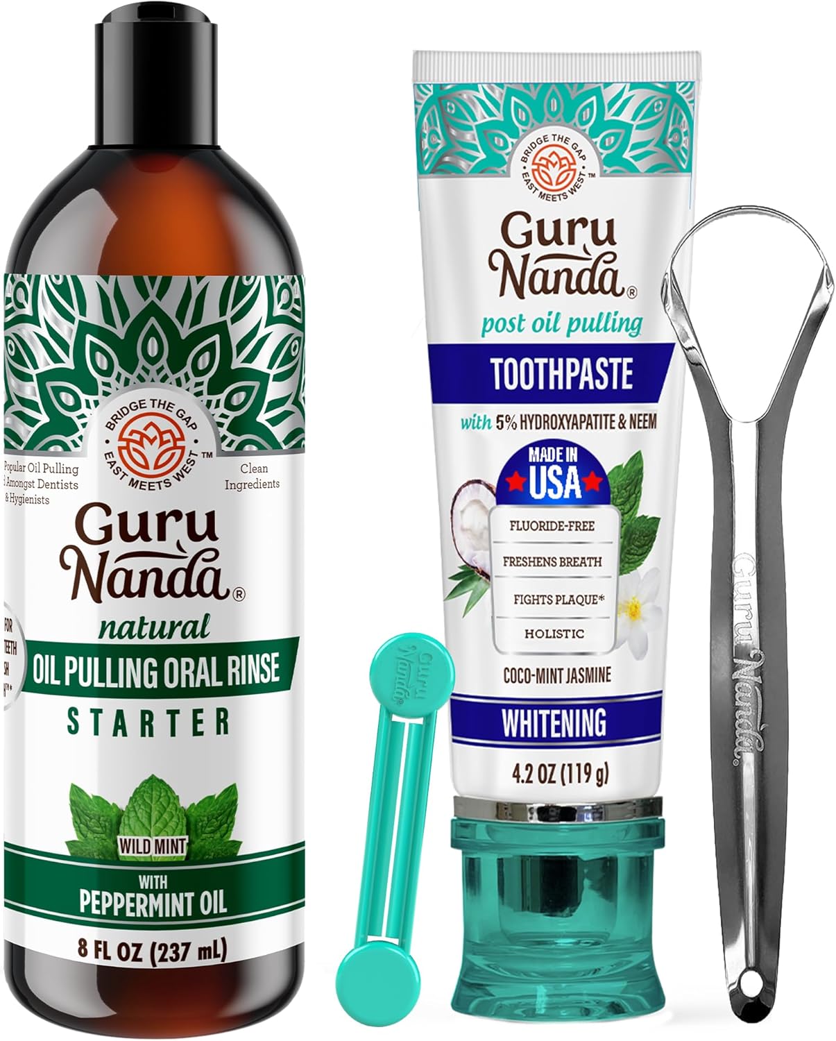 GuruNanda Ayurvedic Smile Essentials – Oil Pulling with Coconut & Peppermint & SLS-Free Hydroxyapatite Toothpaste with Neem for Fresh Breath & Gum Hygine
