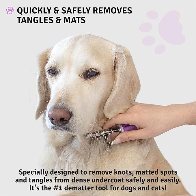 The metal dog comb is designed to gently detangle your pet's undercoat and remove loose fur, helping to prevent matting and reduce shedding. The ergonomic handle makes it easy to use and the sturdy construction ensures durability for long-term use. Regular grooming with this rake brush can help keep your pet's coat looking healthy and shiny, while also promoting better skin health by improving circulation.