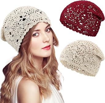 2 Pieces Floral Crochet Slouchy Beanie Hat Handmade Knit Cutout Women Floral Skull Cap Stretchy Knitted Crochet Hat for Women