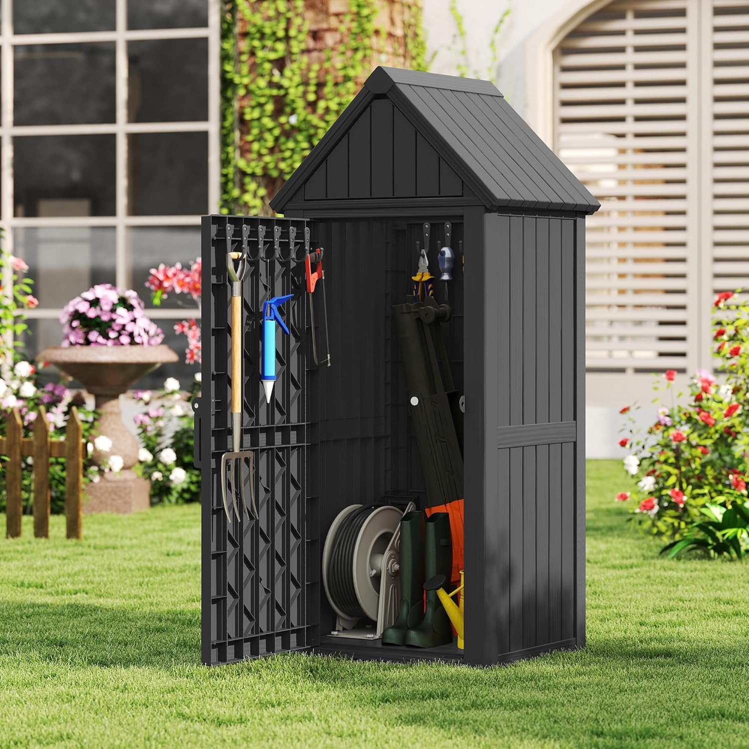 Bifanuo Deck Box Storage Shed Outdoor Storage Cabinet, Vertical Waterproof Resin Material Plastic Shed with Removable Shelves, 12 Hooks and Lock Ring for Garden, Pool and Patio (Black)