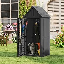 Bifanuo Deck Box Storage Shed Outdoor Storage Cabinet, Vertical Waterproof Resin Material Plastic Shed with Removable Shelves, 12 Hooks and Lock Ring for Garden, Pool and Patio Black