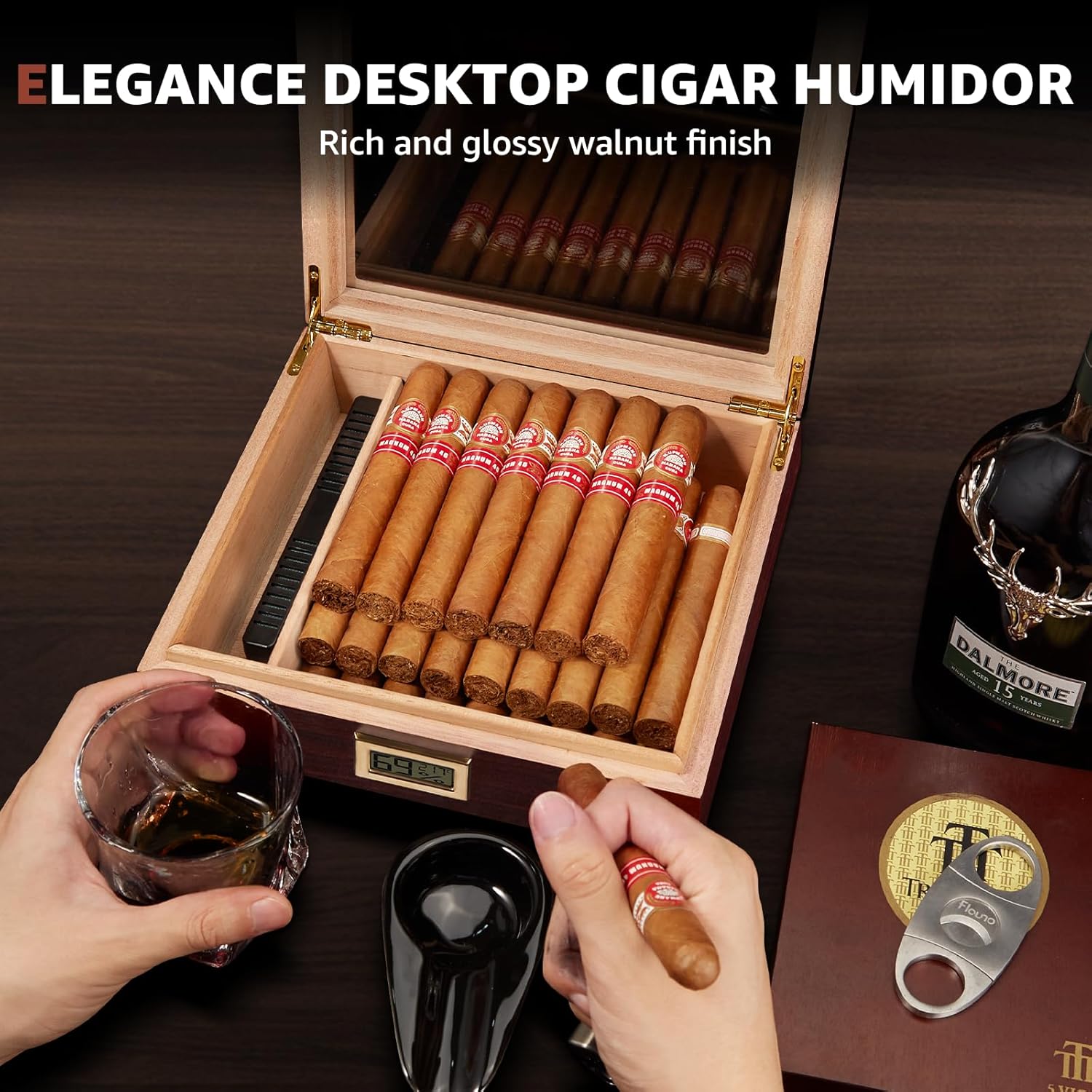 Flauno Cigar Humidor, Spanish Cedar Wood Humidor with Accurate Digital Hygrometer, Humidifier, Divider, Handcrafted Cigar Humidor Box Holds 40-60 Cigars, Gift for Cigar Lovers - Image 7