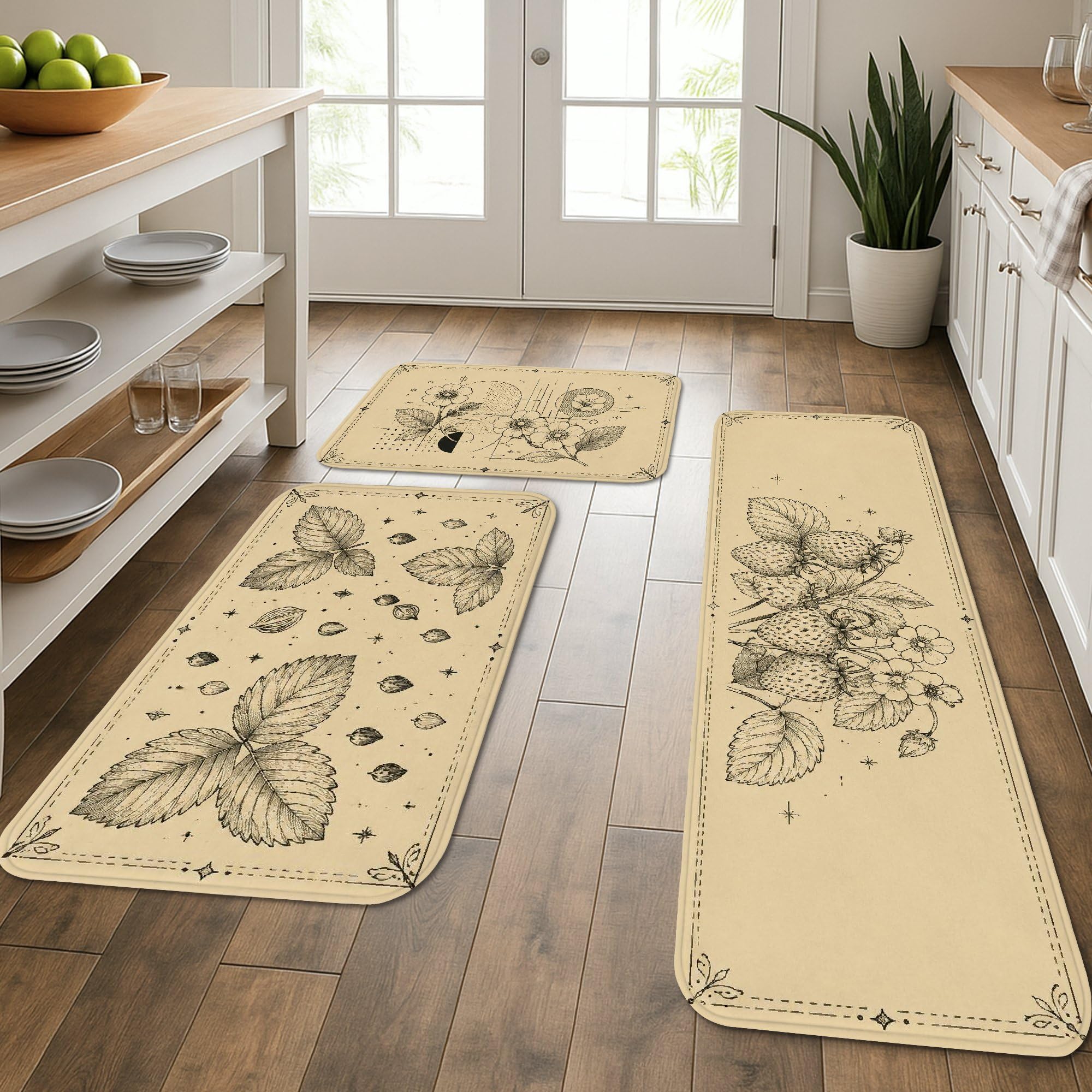 Tapis de cuisine vintage botanique en lot de 3 pour sol et lavabo