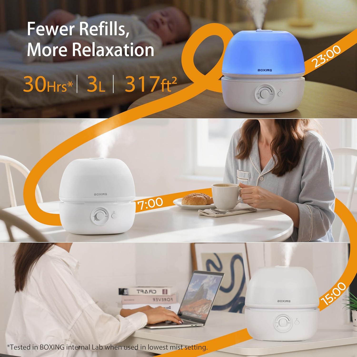 BOXING 3L Top Fill Humidifiers for Bedroom Baby, 20dB Quiet Air Humidifier for Large Room & Indoor Plants with Optional Night Light, Cool Mist Diffuser for Home, Essential Oil Tray, BPA-Free,White,30H Blue Light