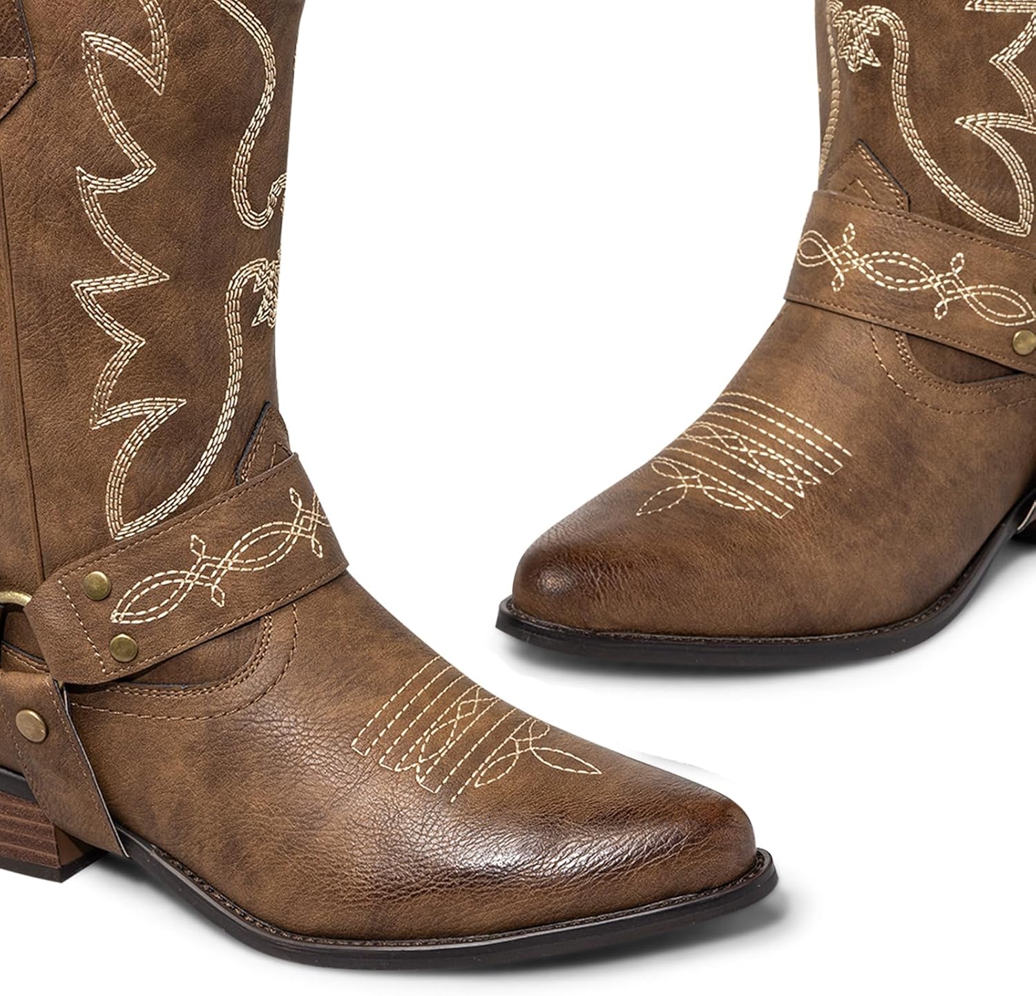 SheSole Cowboy Boots for Women Western Cowgirl Boots Mid Wide Calf Fashion Pointed Toe Harness Boots with Embroidery Chunky Heel