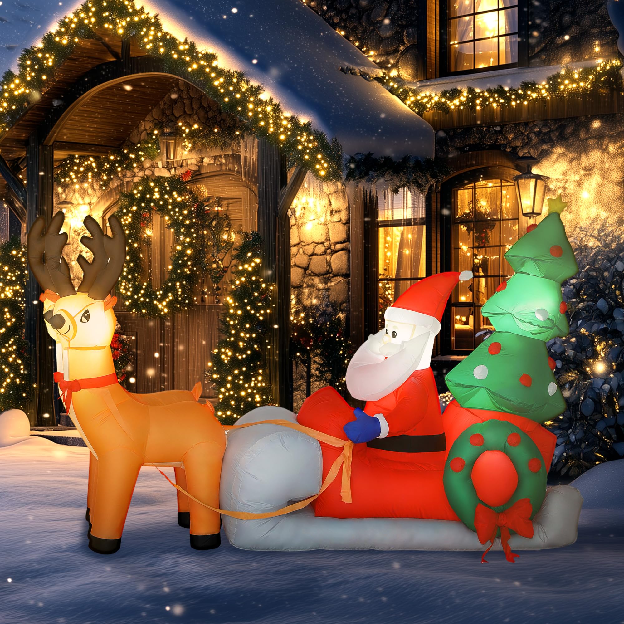 Outsunny 216 cm Aufblasbarer Weihnachtsmann auf Schlitten mit 2 Rentier | Weihnachtsbaum, Aufblasbare Weihnachtsdeko, Eingebaute LED-Lichter, Weihnachtsdekoration, für Rasen Hof Garten