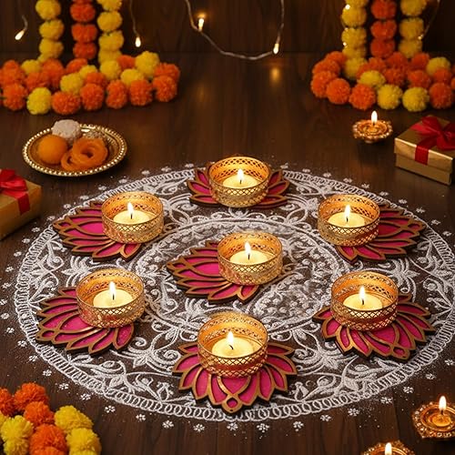Miniatura 3 de TIED RIBBONS Lotus - Portavelas de candelita Juego de 7 Portavelas para decoraciones pongales, decoraciones de Pooja para el hogar, candelita diya