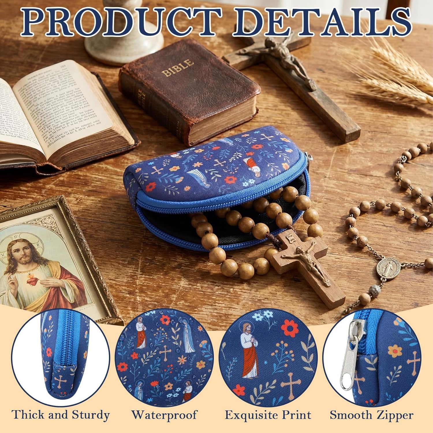Sanwuta Catholic Rosary Pouch for Women Men Zippered Pouches Bead Holder Bag with Cross Jesus Our Lady Floral Print Blue Rosarios Religious Accessory Carriers for Christian Catholic Gift - Image 3