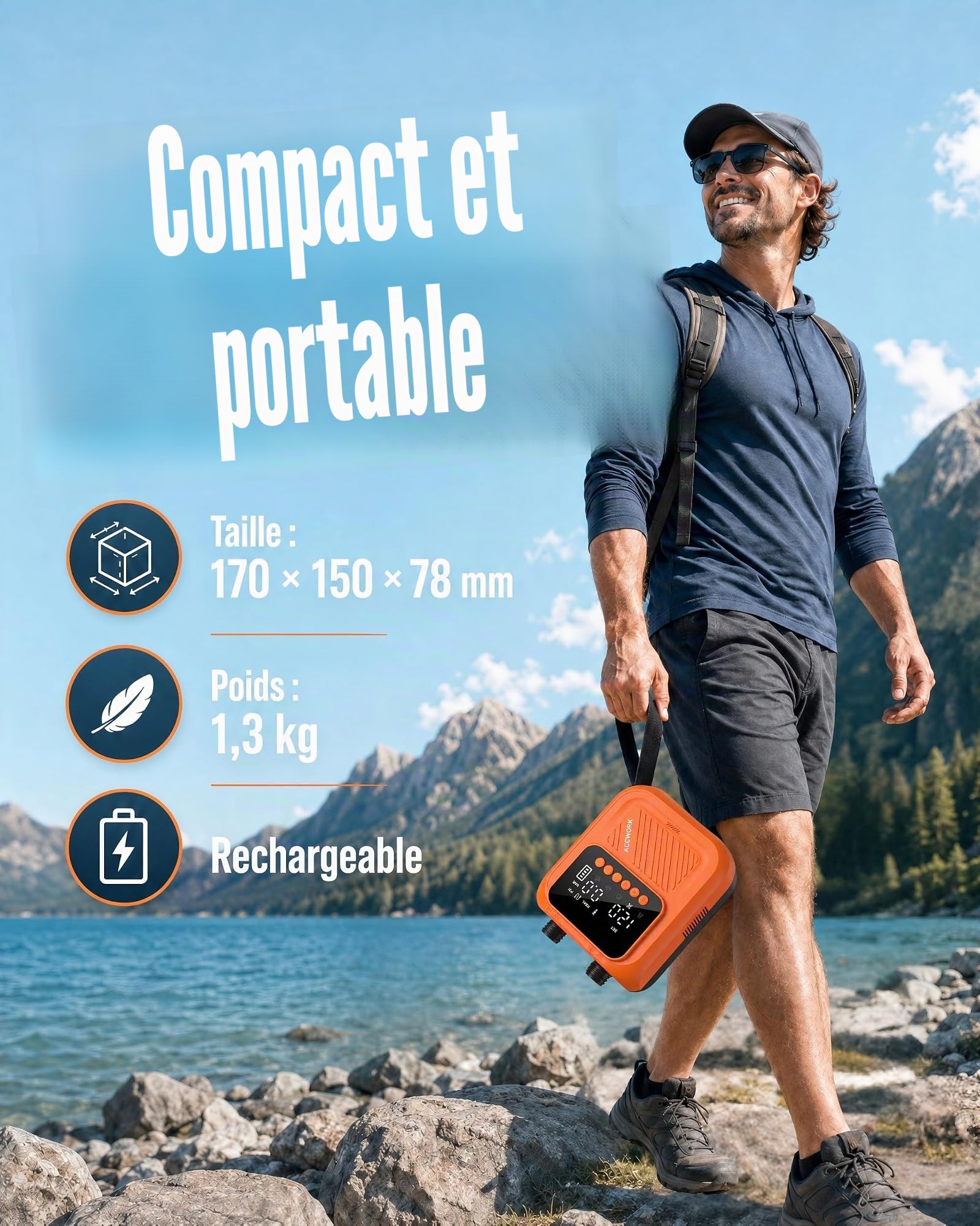 Gonfleur Paddle Electrique 20 PSI – Arrêt Automatique & Gonflage/Dégonflage, Pompe Paddle Electrique Rechargeable avec 7 Buses pour Matelas Gonflable, Sup, Tente, Kayak