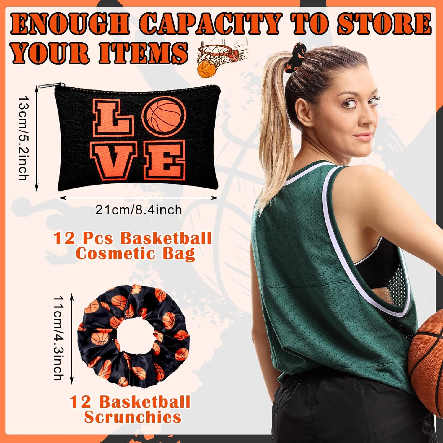 Moukeren 24 Basketball Stuff Set Cosmetic Bags Sport Makeup Bags Pencil Storage Case Portable Satin Hair Scrunchies Elastic Hair Bands Basketball Gifts for Girl (White,Classic Style)