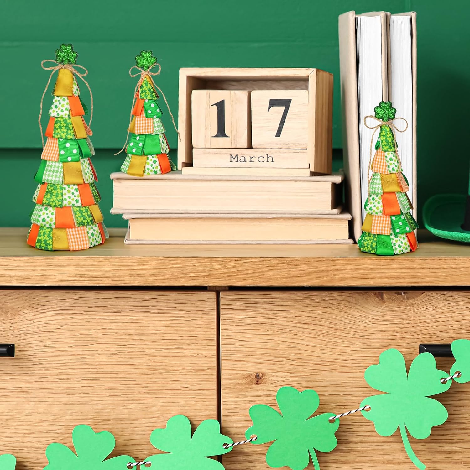 Cinrobiye 3 Pcs St Patrick’s Day Table Decorations Shamrock Cone Tree Centerpiece, Irish Ribbon Tree Tiered Tray Decor Lucky Clover Tabletop Ornament for Farmhouse Home Shelf Fireplace Decor