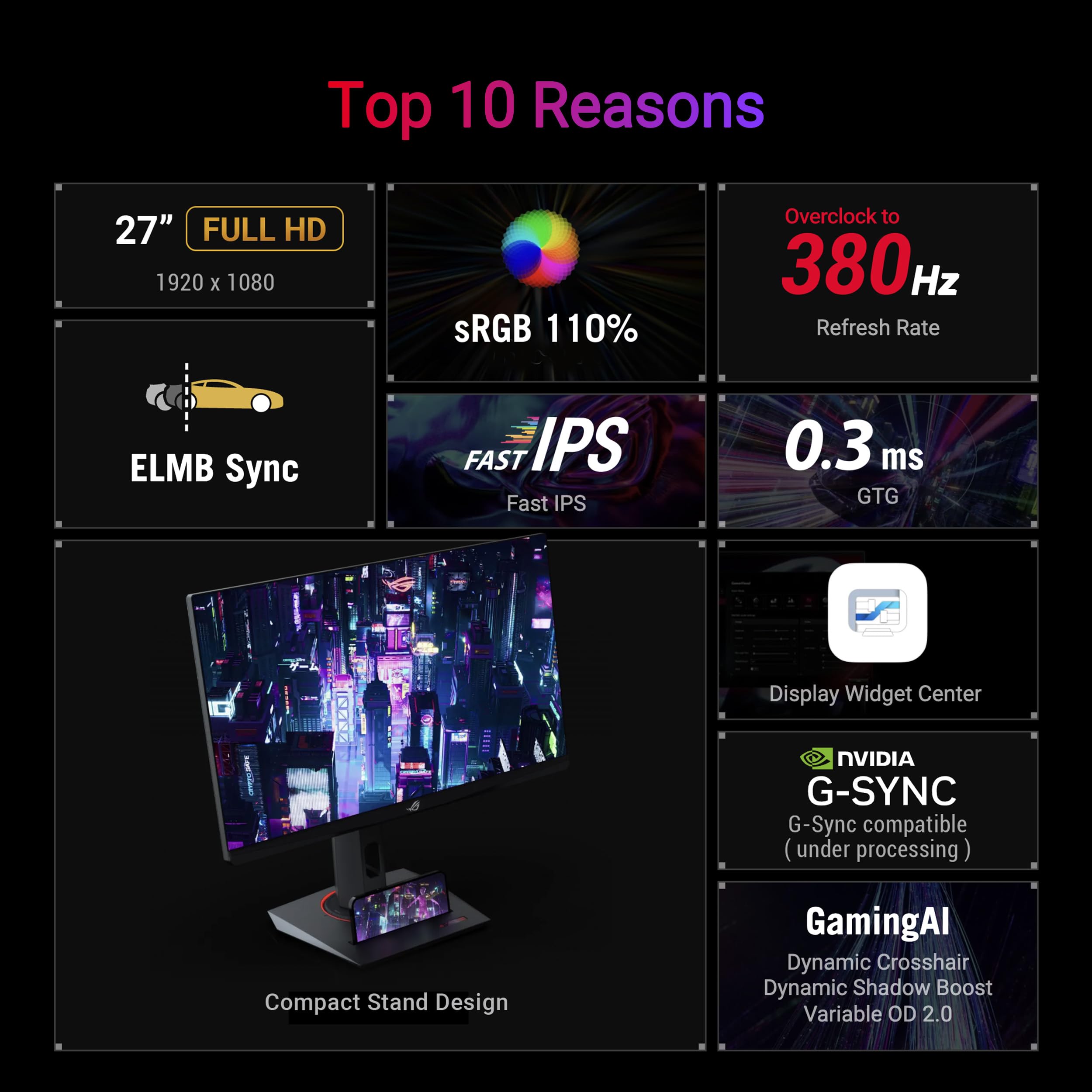 ASUS ROG Strix XG279CNS, 27-calowy monitor do gier, Full HD IPS (1920 x 1080), 0,3 ms (GTG), 380 Hz, porty HDMI, USB-C i DisplayPort, Extreme Low Motion Blur Sync, DisplayWidget Center, kolor czarny