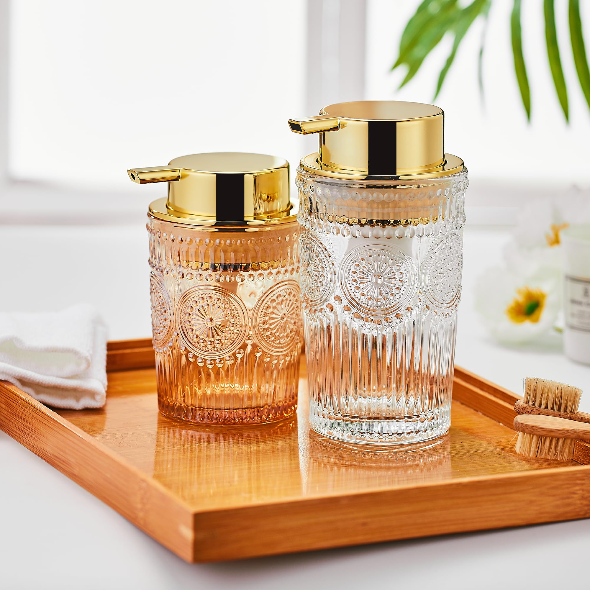 LEICURACE Glass Foam Soap Dispenser - Toothbrush Holder & Refillable Lotion Dispenser (S-Gold-Foaming)