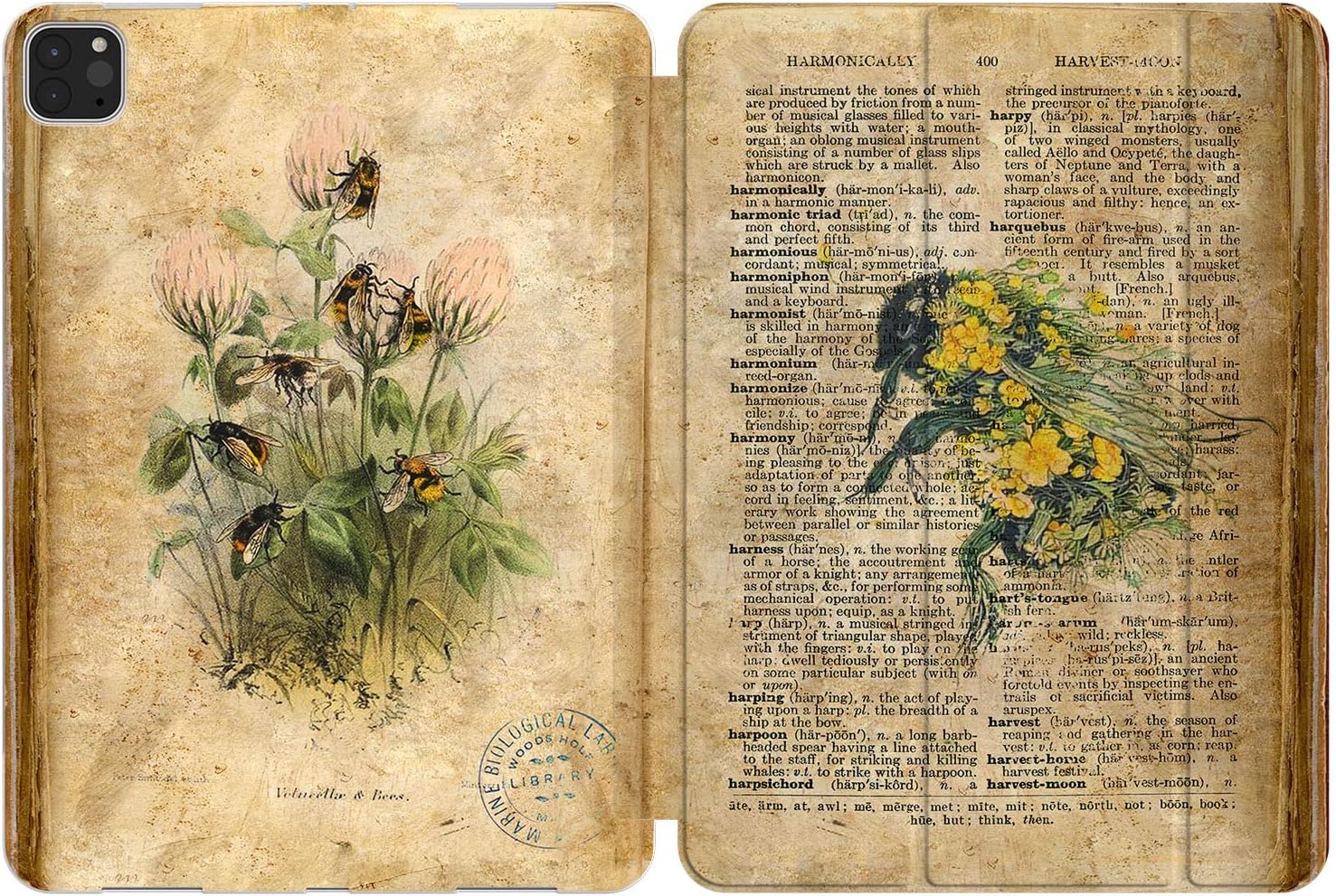 Case Compatible with iPad A16 11 inch 2025 2024 Pro 13 M3 M2 12.9 10.9 10.2 Air 5 10th 9th 8th Gen Mini 7 6 Vintage Honey Bee Cottagecore Cover Flower Floral Trifold Old Book Botanical Aesthetic