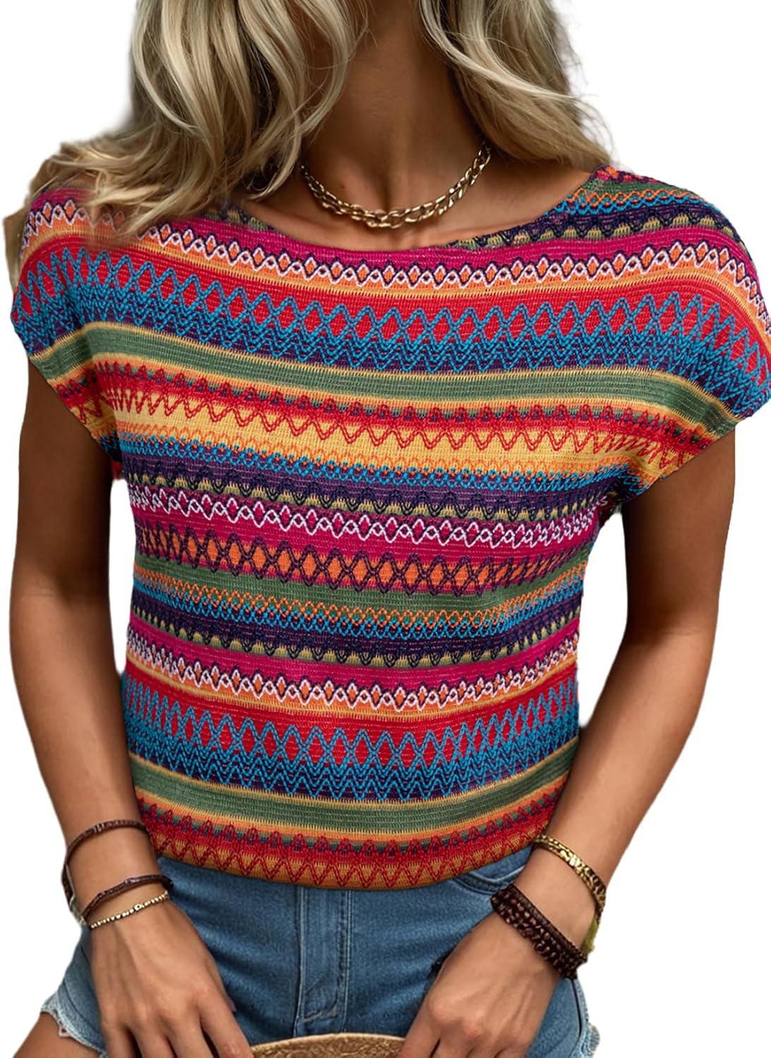 Dokotoo Womens Summer Color Block Boho Casual T Shirts 2026 Short Sleeve Crewneck Off Shoulder Tops