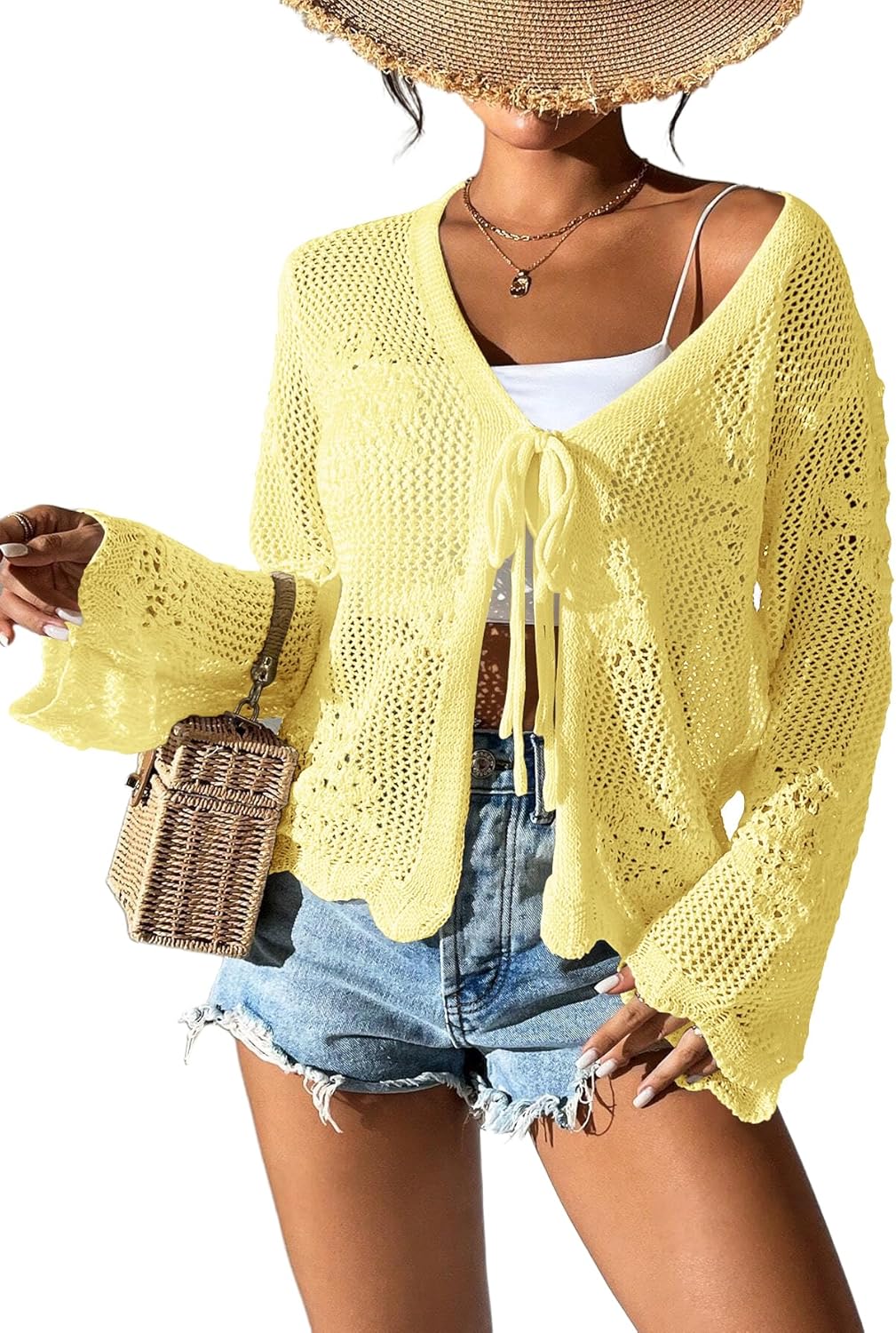 Womens Tie Front Lightweight Crochet Cardigan Shrugs Knit Cardigan Crop Tops Cover Up - Image 2