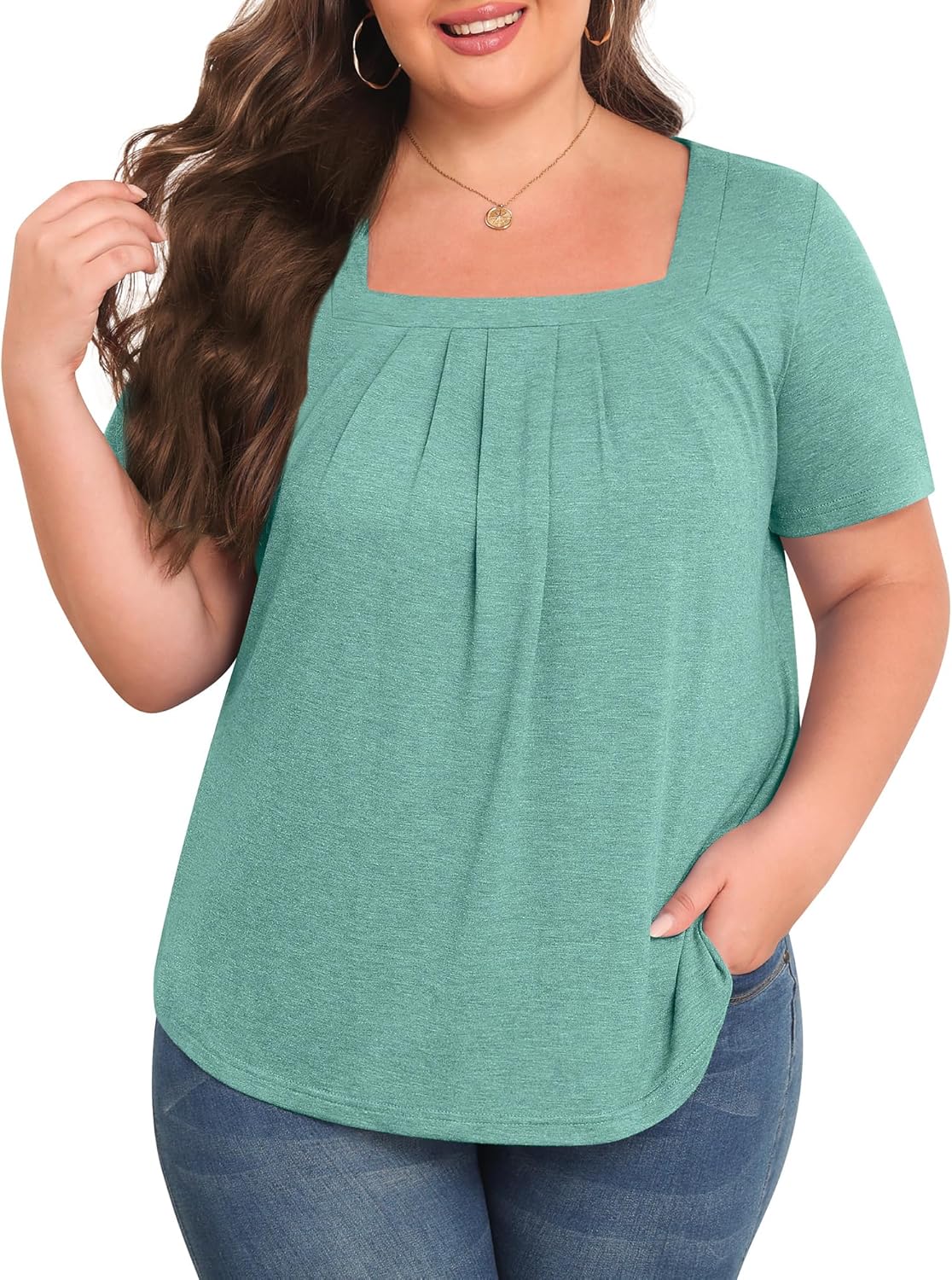 TIANZHU Plus Size Tops for Women Summer Shirts Short Sleeve Tunics Casual Square Neck Blouses 2024