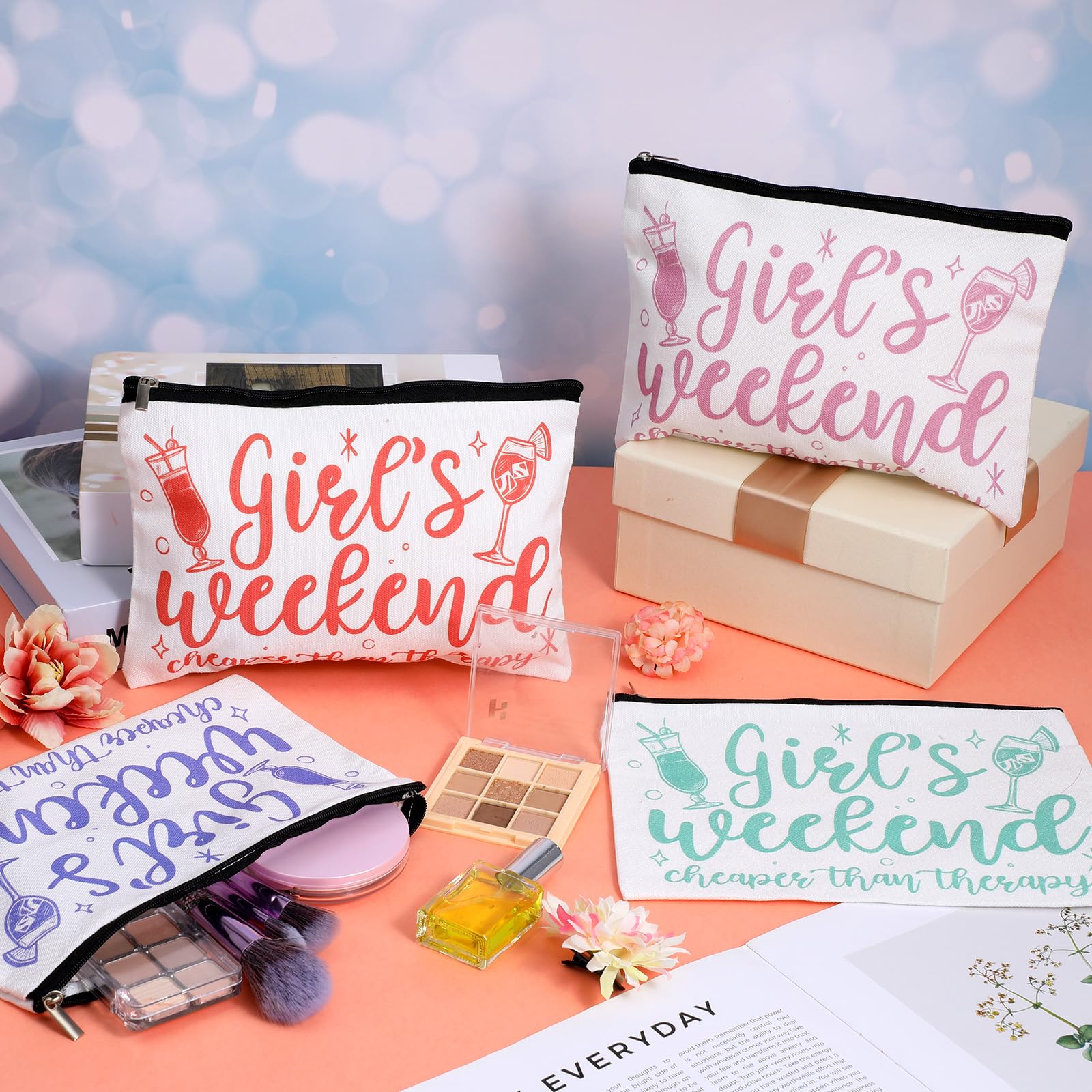 8 Pcs Christmas Girls Weekend Gifts for Women 4 Girls Trip Makeup Bag 4 Weekend Tote Bag Friend Trip Gifts Vacation Bestie Friendship Favors Summer Cosmetic Zipper Goodie Pouch (Classic Color)
