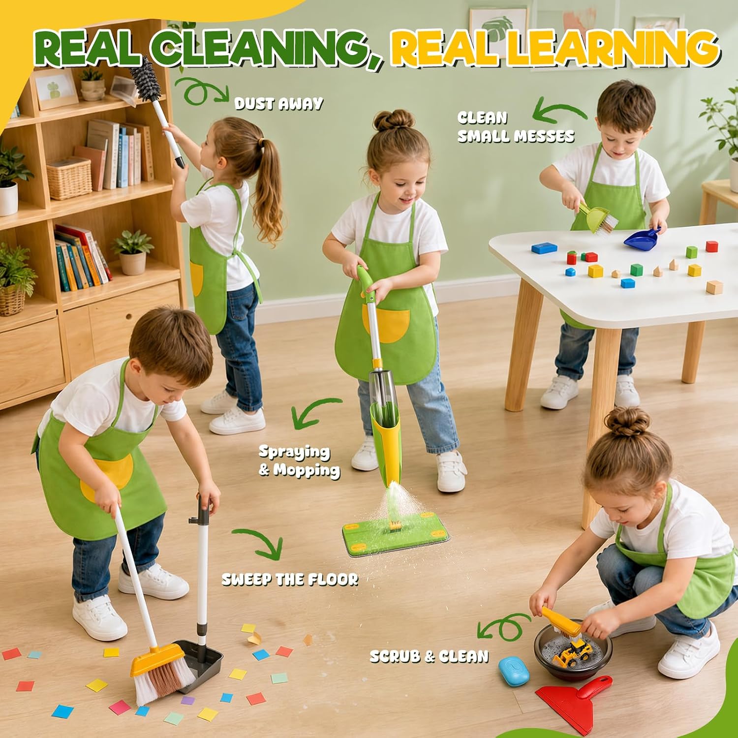 Toddler Cleaning Toys Set for Kids Age 3-5, 12 PCS Pretend Home Play Housekeeping Kit with Real Working Spray Mop and Broom Dustpan Sets, Montessori Role Play Gifts for 3 4 5 6 Year Old Boy & Girl