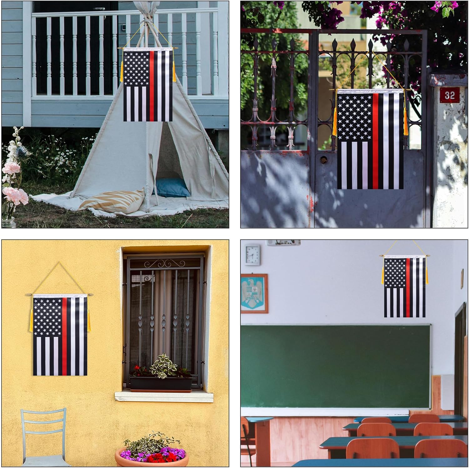 18x12 Inch USA Thin Red Line Wall Banner Flag,Wooden Hanging Pole and Double Satin Finish,Firefighter Hanging Flag,for House Room,School Classroom, Club and Door - Image 7