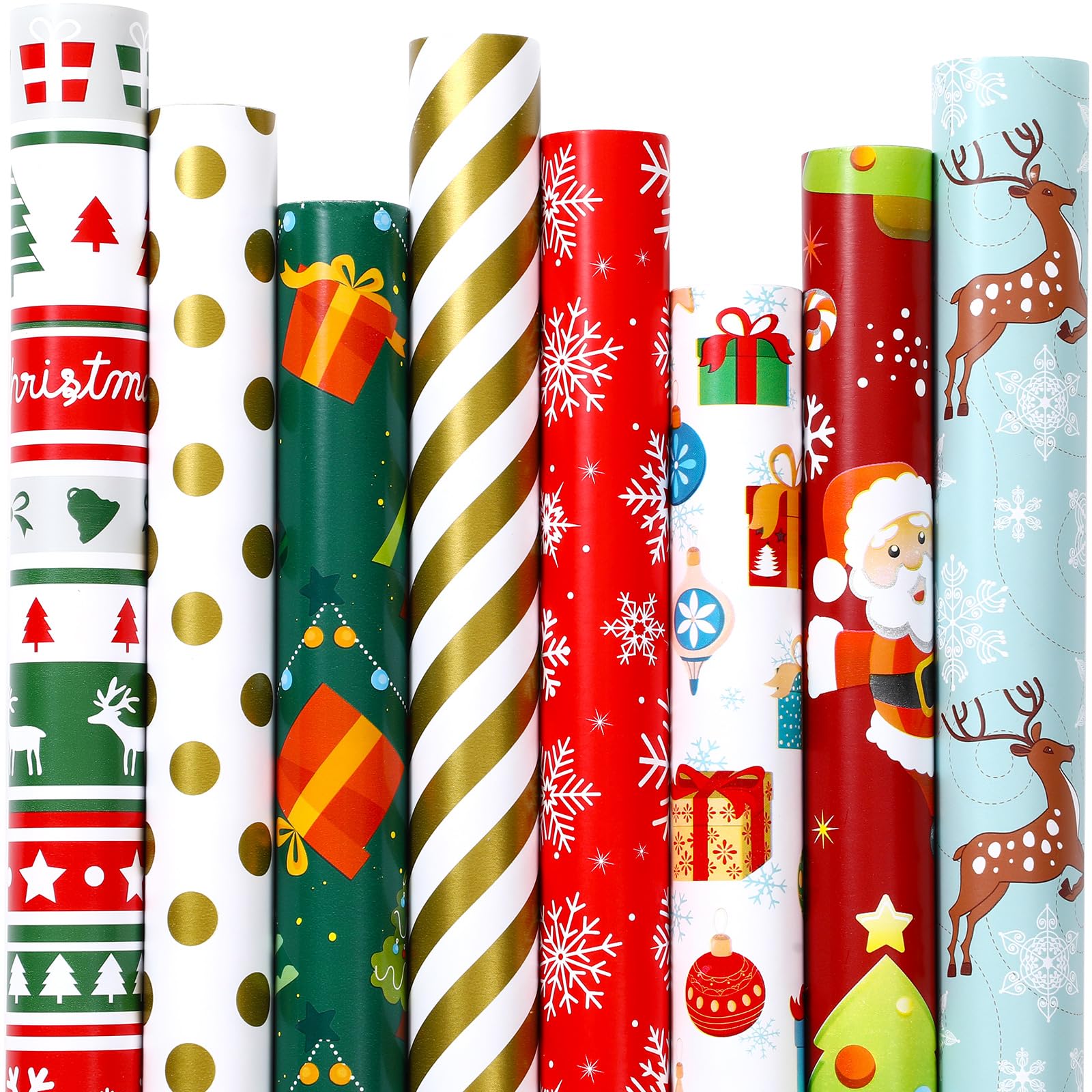 Tatuo 8 Rollen Weihnachts-Geschenkpapier, Weihnachtsmann, Geschenk, Schneeflocken, Baum, Streifen, Rentier, Goldstreifen und Punkte, Design Geschenkpapier für Weihnachtsferien – 27,6 x 78,7 Zoll (6,5