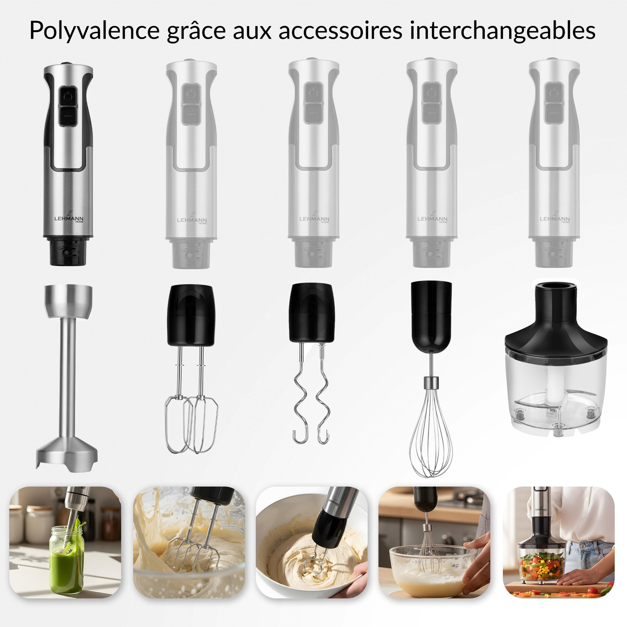LEHMANN Chowmei 5-en-1 Mixeur Plongeant 1200 W, Réglage de vitesse à 8 niveaux, Fonction Turbo, Mixeur Multifonction avec 6 accessoires - Batteur, Fouet, Hachoir 600 ml, Verre Doseur 860 ml