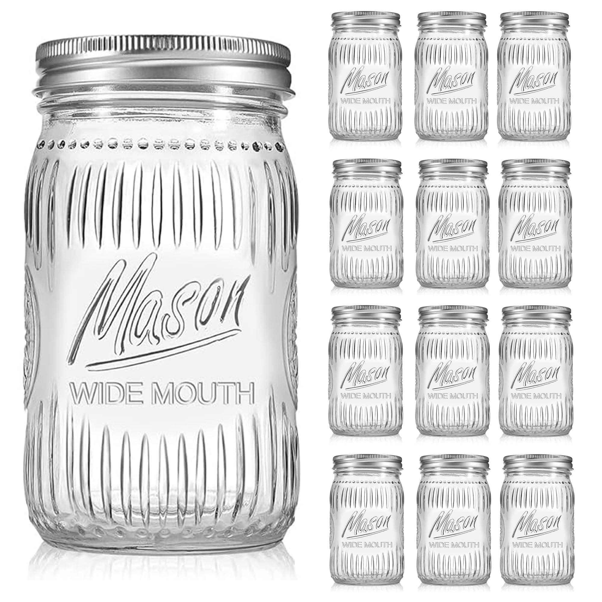 Paquete de 12 tarros Mason de boca ancha de estilo vintage de 32 onzas, tarros de almacenamiento de vidrio resistentes con tapas herméticas y a prueba de fugas para encurtidos, enlatados,