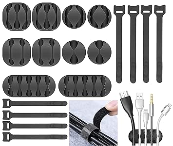 Bulfyss 18pcs Cord Cable Wire Holder Protector Organizer Accessories Self Adhesive Cable Straps Hook and Loop Cable Ties for Home, Office, Car, Desktop, Laptop, Computer (Black)