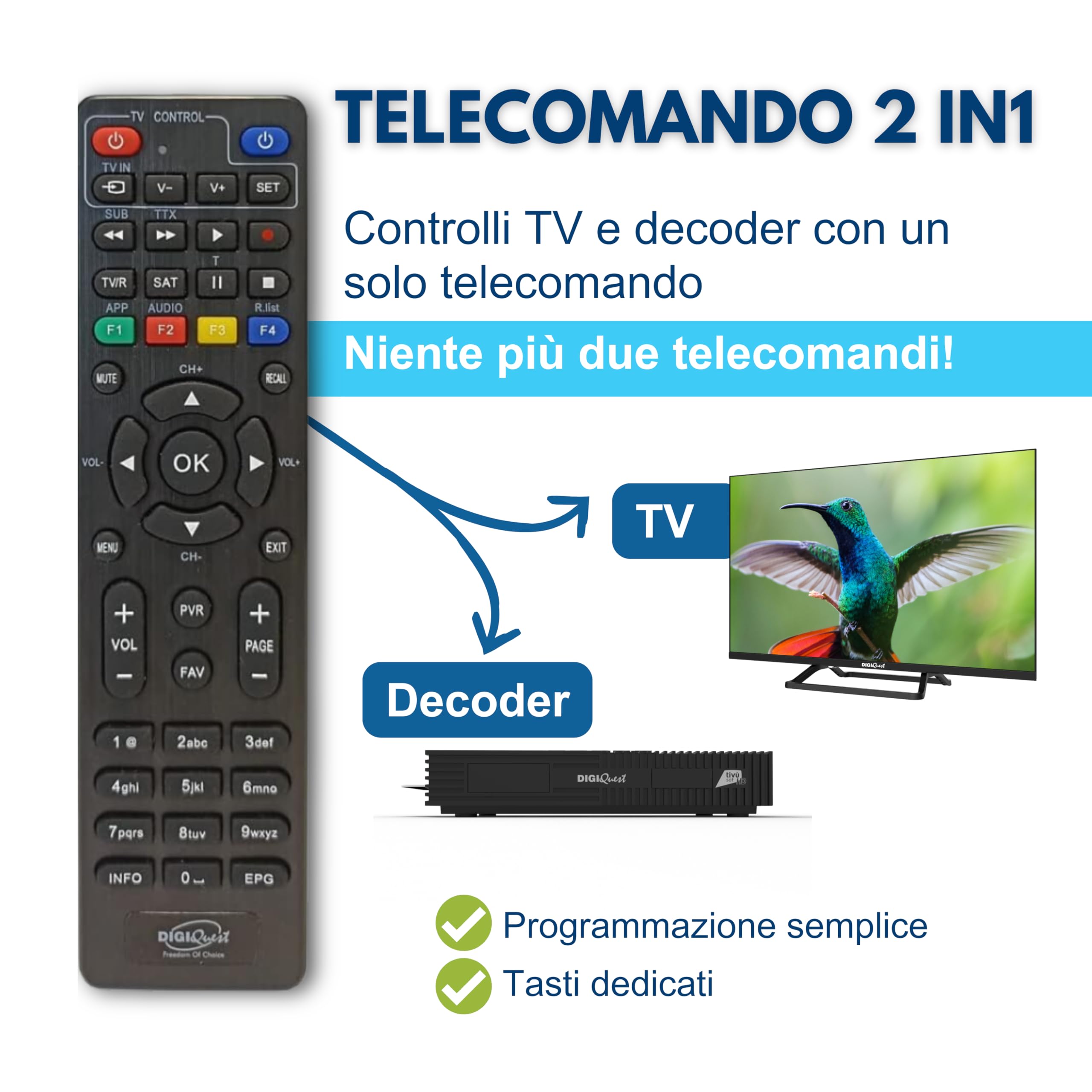 DIGIQUEST Decoder tivùsat Combo 4K Q99 | Satélite + Terrestre | HbbTV Interactivo | HEVC Main 10 | Grabación activable | Mando 2 en 1 | Smartcard incluida | Preparado para Sistema Merlin