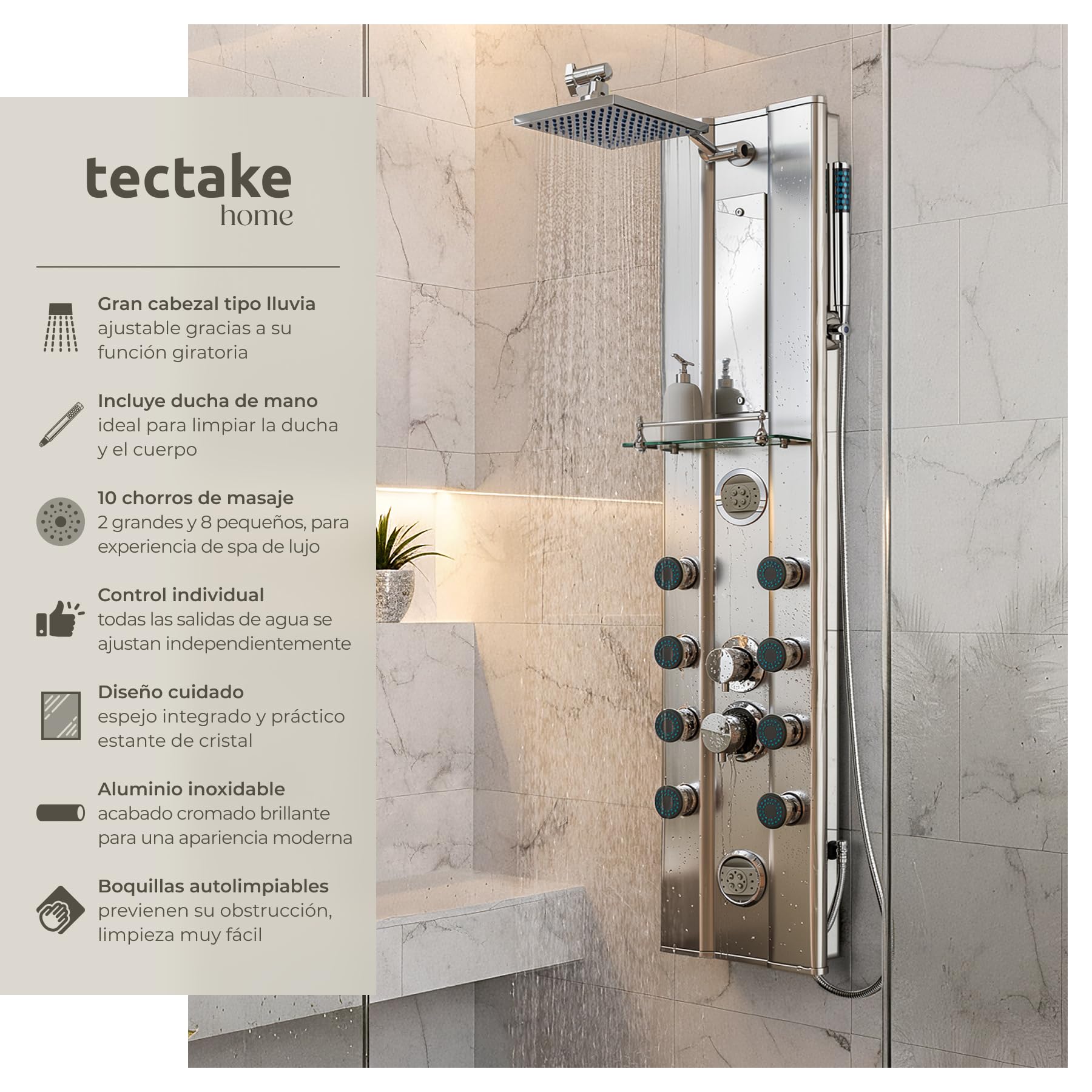 tectake® Columna Ducha con Hidromasaje, Grifo Ducha y de Mano, 10 Chorros Masaje, Diseño Moderno, Fácil Instalación, Anticalcáreo, Duchas de Baño, Estructura de Aluminio - Plateado
