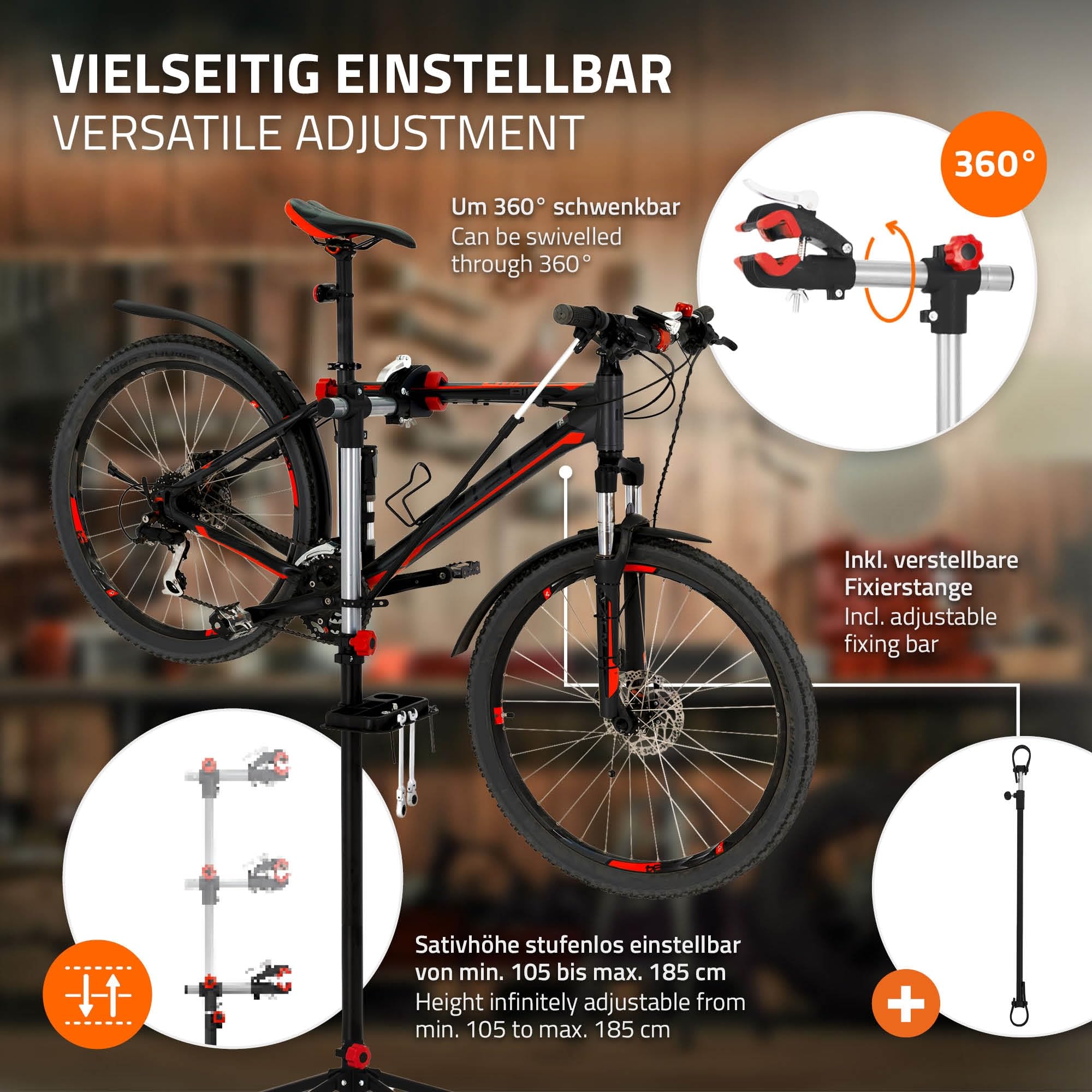 ECD Germany Stojak montazowy do rowerów Stojak do naprawy rowerów elektrycznych, obrotowy o 360° i regulowany na wysokosc 105-185 cm do wszystkich typów rowerów do 50 kg, podstawa trójnozna z 4 nogami