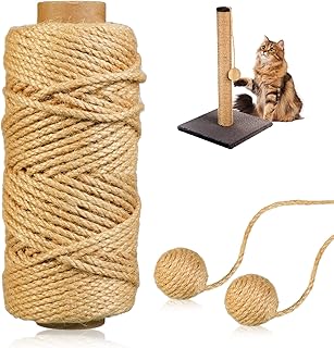 164FT Sisal Rope for Cat Tree, 4mm Natural Jute Twine for Scratching Post Replacement with 2 Sisal Cat Balls, Hemp Twine Rope for DIY Crafts & Home Decorating