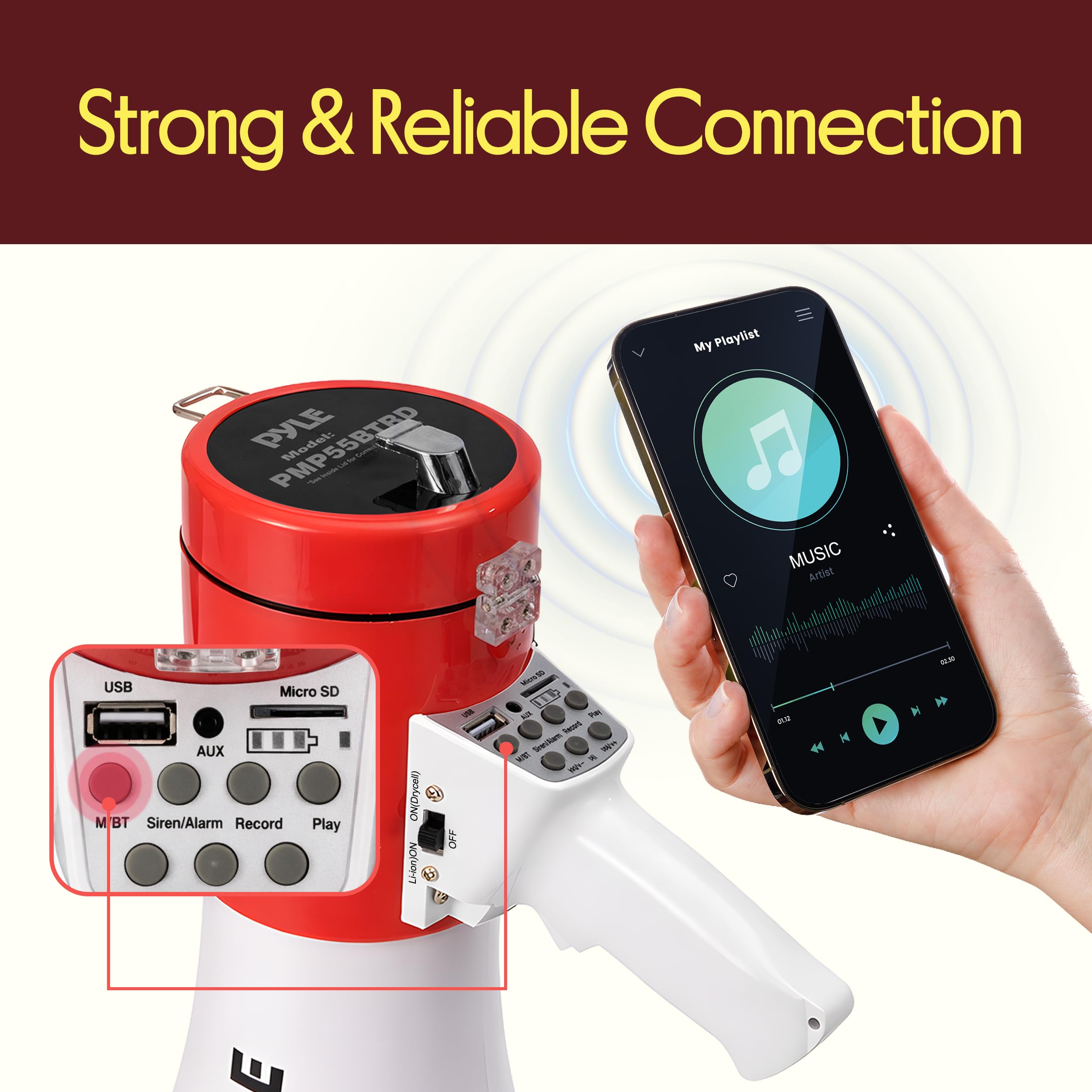 Portable Megaphone Speaker PA Bullhorn - Built-in Siren, 50W Adjustable Volume Control & 1200 Yard Range - Ideal for Any Outdoor Sports, Cheerleading Fans & Coaches or for Safety Drills - Pyle PMP52BT