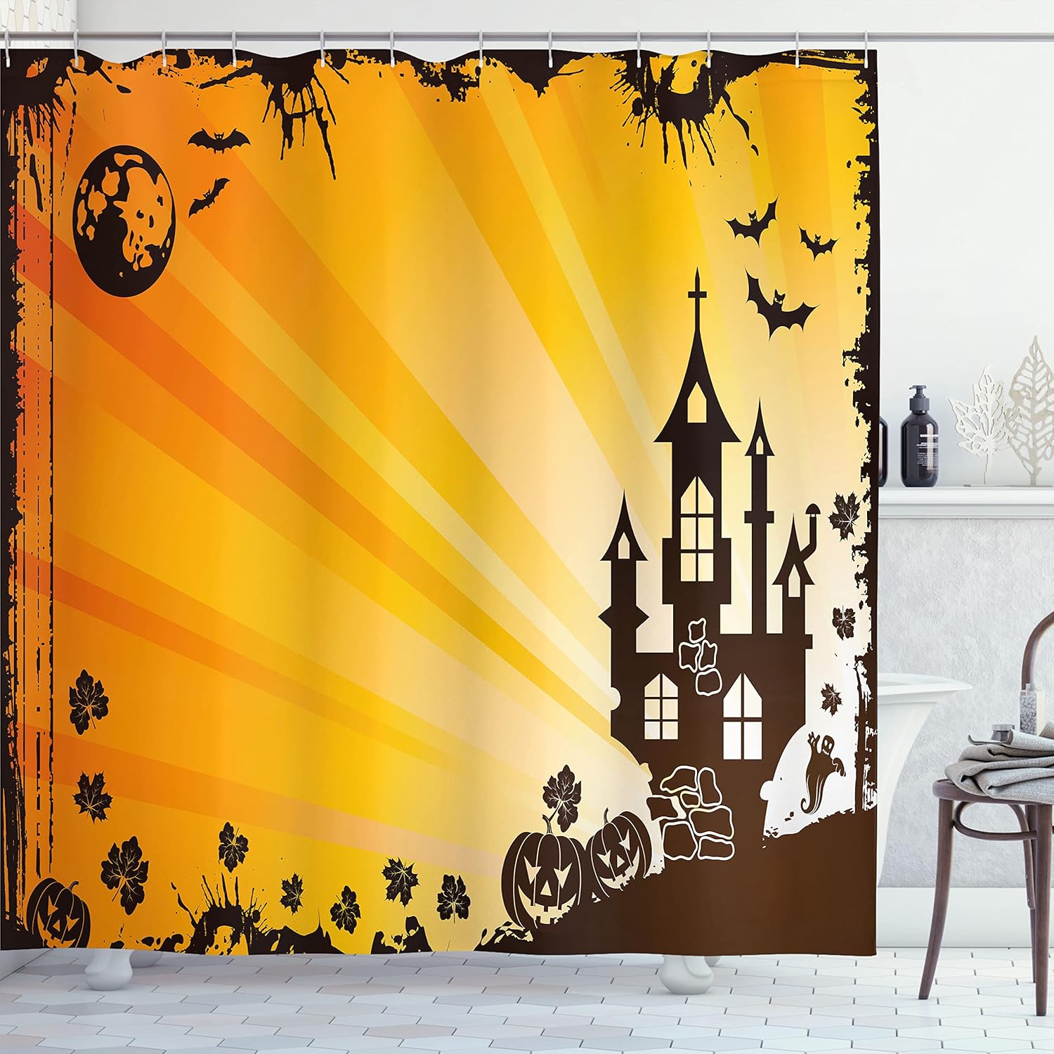 Ambesonne Halloween Shower Curtain, Grunge Scene with Haunted Gothic Castle Bats Ghost Theme Jack o' Lanterns Art, Cloth Fabric Bathroom Decor Set with Hooks, 69" W x 70" L, Orange Black