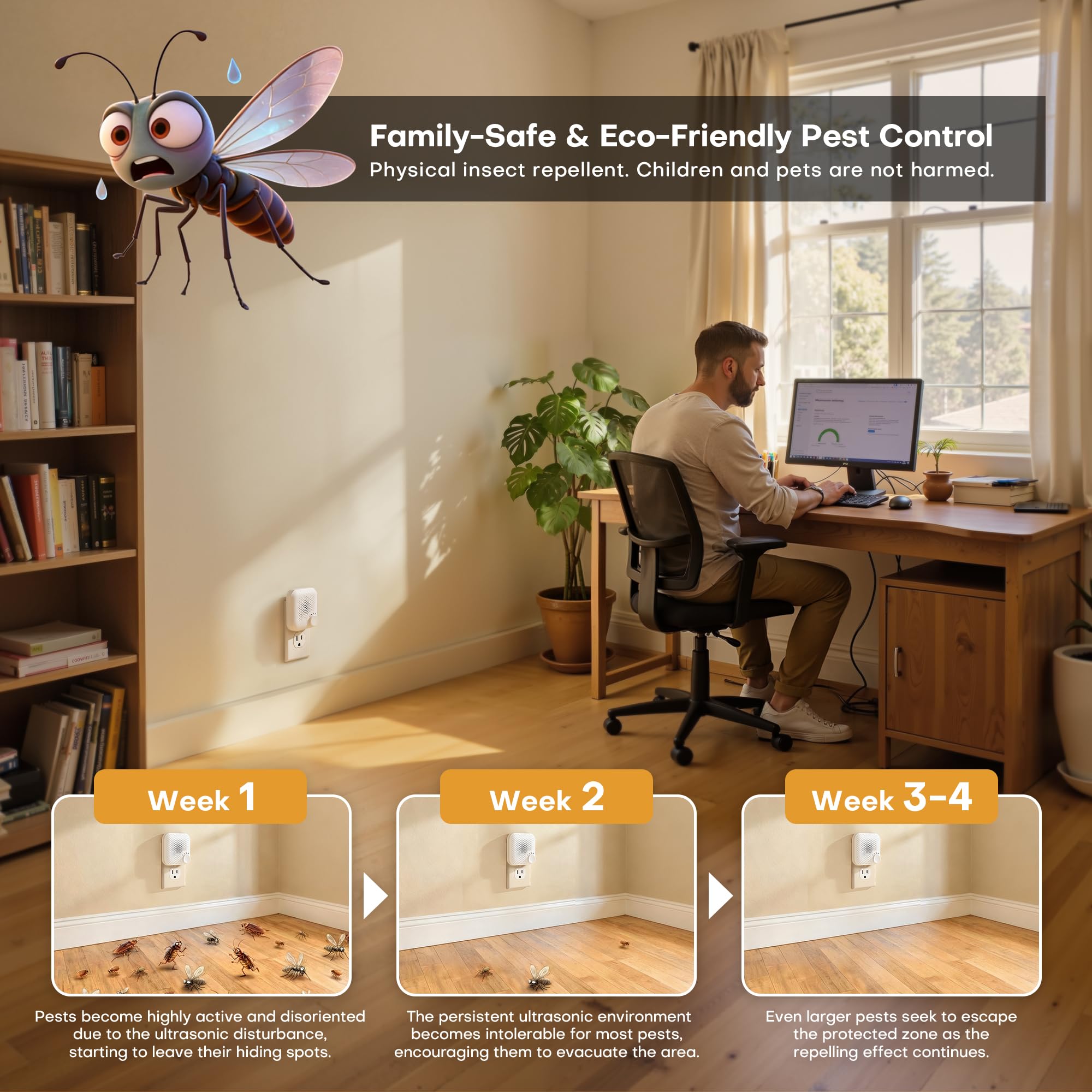 Repelente ultrasónico de plagas con 4 modos automáticos, repelente de roedores para ratones araña, ratas, mosquitos, cucarachas, hormigas, bloqueo y control silencioso plegable para el hogar, cocina