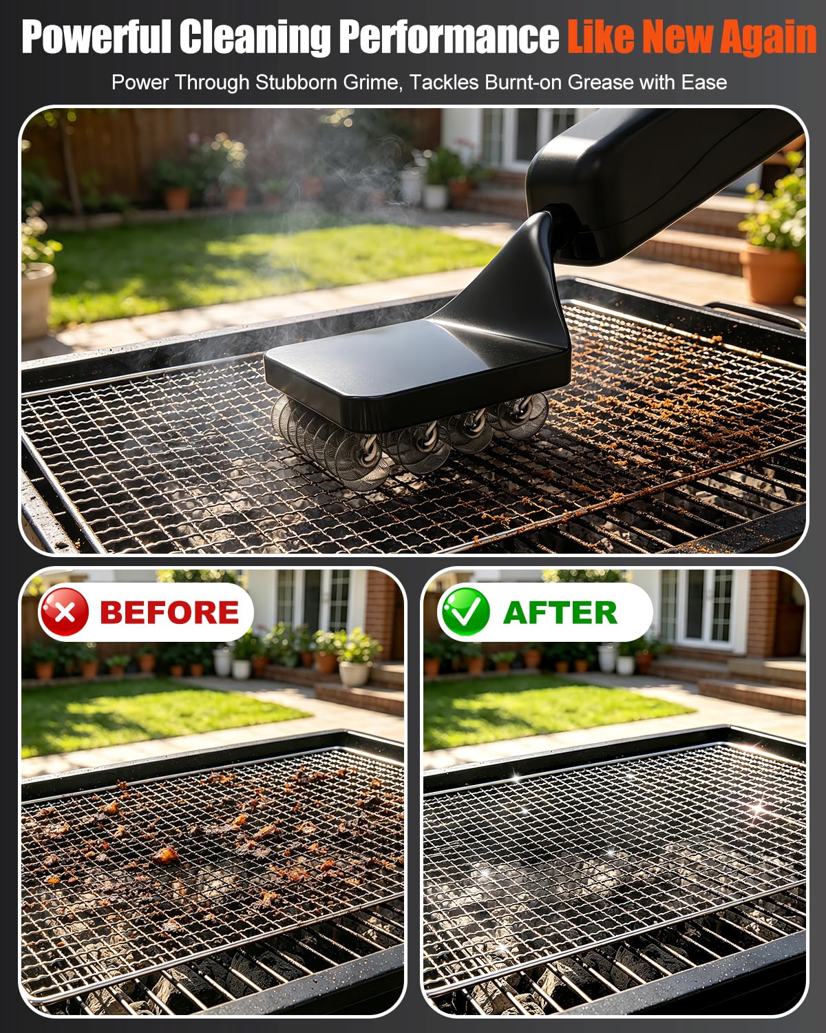 Elektrische Grillbürste mit Bürstenloser Motor, 3-in-1 Grillreiniger Elektrisch Set für Gasgrill & Holzkohlegrill, Inkl. 3 Arten von Ersatzköpfe, Geeignet für Edelstahl, Gusseisen und Emaillierung