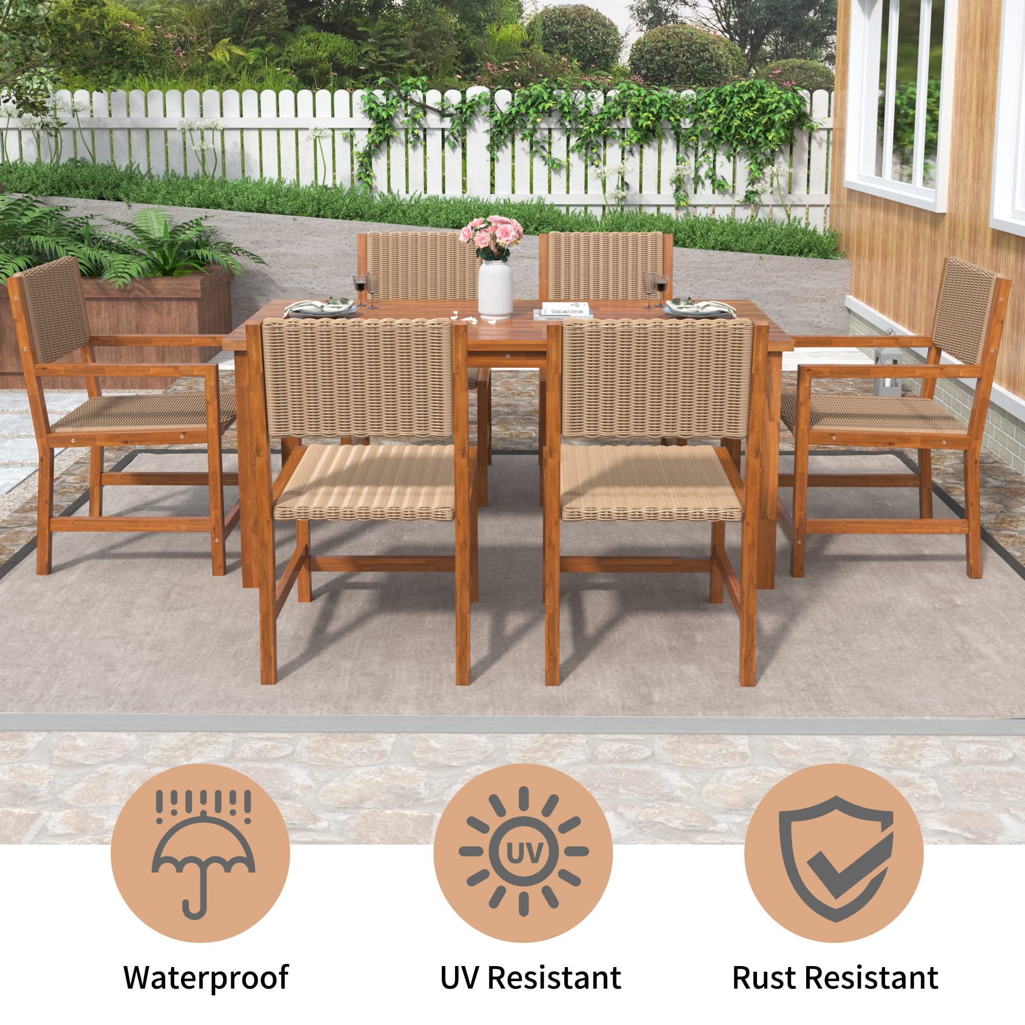 I0I&I0I Lujoso juego de muebles de jardín de 7 piezas para 6 personas, ratán HDPE y madera de acacia, resistente a la intemperie, fácil de montar, color marrón