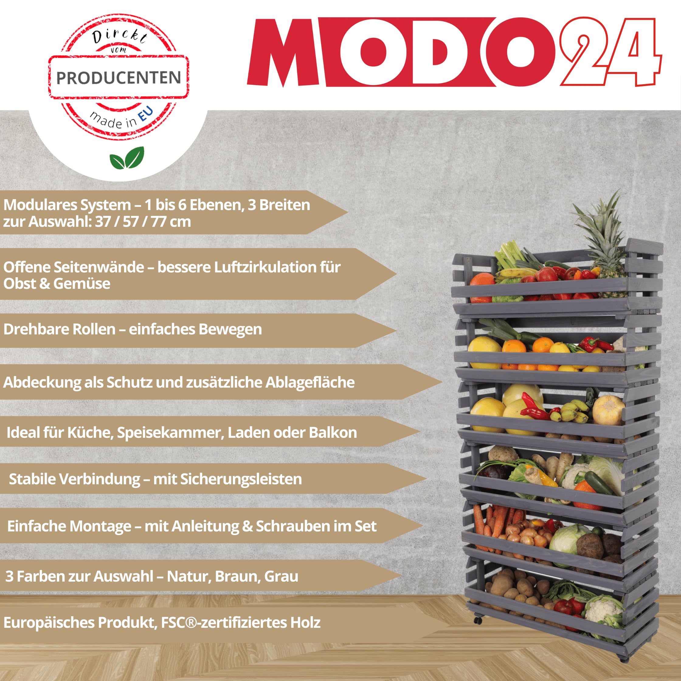 Modular Holzregal für Gemüse & Obst auf Rollen, Stapelbares Regalsystem aus Kiefernholz, 5 Holzkisten, Kartoffelsteige, Küchenregal, Vorratsregal, Gemüseregal, Abm. 132x37x30 cm, Fargbe: Grau