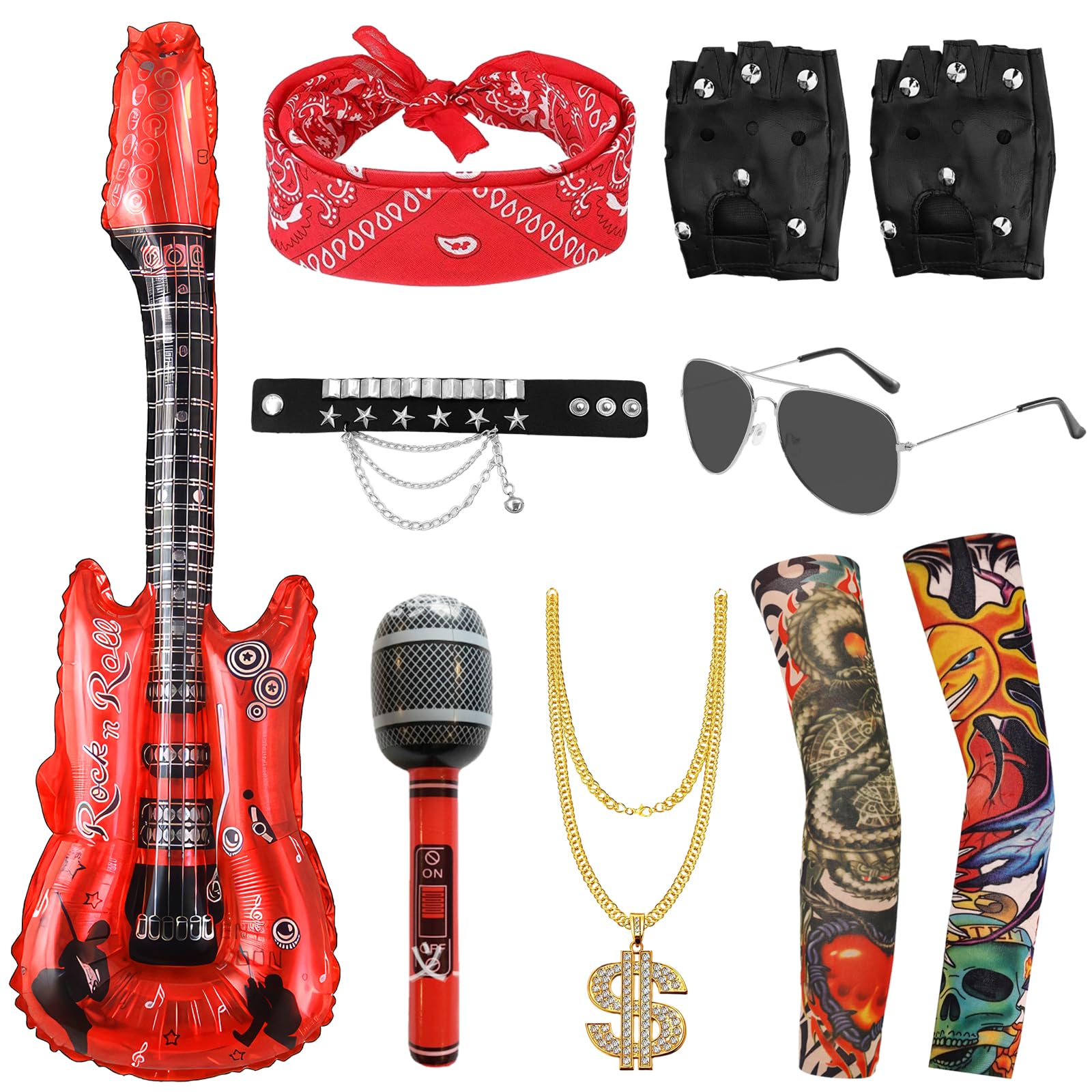 Boyigog Punk Rocker Party Costume Set Rock Star Retro Fancy Dress Gothic Costume Set Retro Sunglasses Hip Hop Gloves Bandana Inflatable Guitar Bracelet, 80s 90s Heavy Metal Rocker Disco Costumes