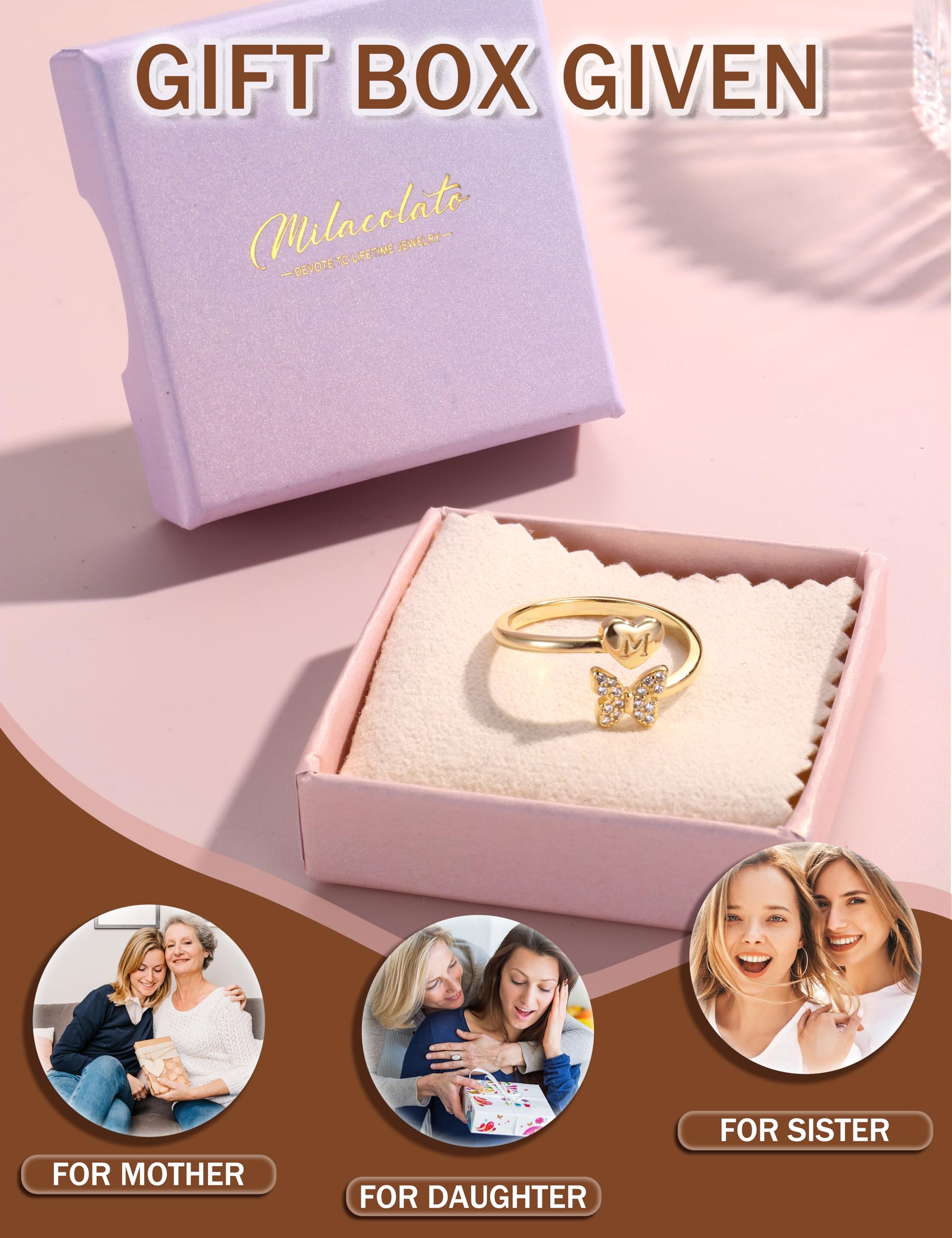 WBDWWTD MILACOLATO Ringe aus 925er-Sterlingsilber für Damen und Mädchen, hypoallergen, verstellbar, Versprechensringe mit Anfangsbuchstaben, Gold, offenes Schmetterlings-Design, stapelbarer Ring, 18