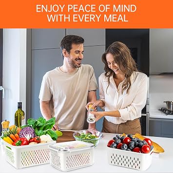 10 PCS Fruit Storage Containers for Fridge with Removable Colander, All-In-One Vegetable Berry Storage Containers for Washing, Draining, Freshness, the Largest Size with Handles(4150ML)