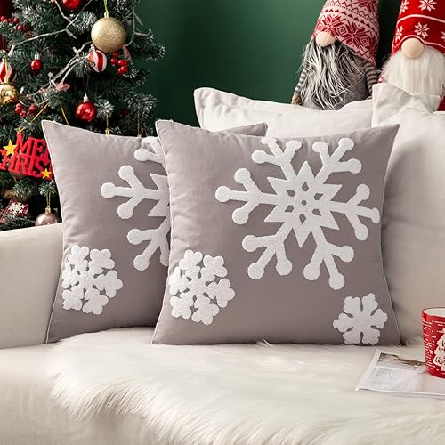 Miniatura 7 de MIULEE Paquete de 2 fundas de almohada decorativas de Navidad con diseño de copo de nieve, fundas de cojín de lona bordadas, fundas de almohada