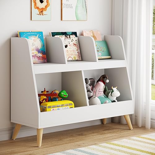 Miniatura 3 de Estantería para niños, 5 cubículos, organizador de almacenamiento de juguetes abierto de madera, estantería para bebés de 2 niveles con patas,