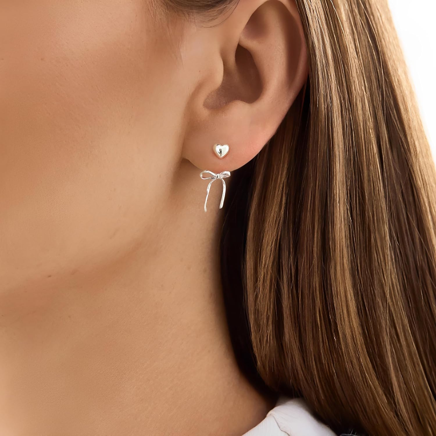 Small Pearl Bow Earrings for Women 925 Sterling Silver Post 14K Gold Plated Cute Bow Drop Dangle Mini Heart Pearl Stud Earrings - Image 2